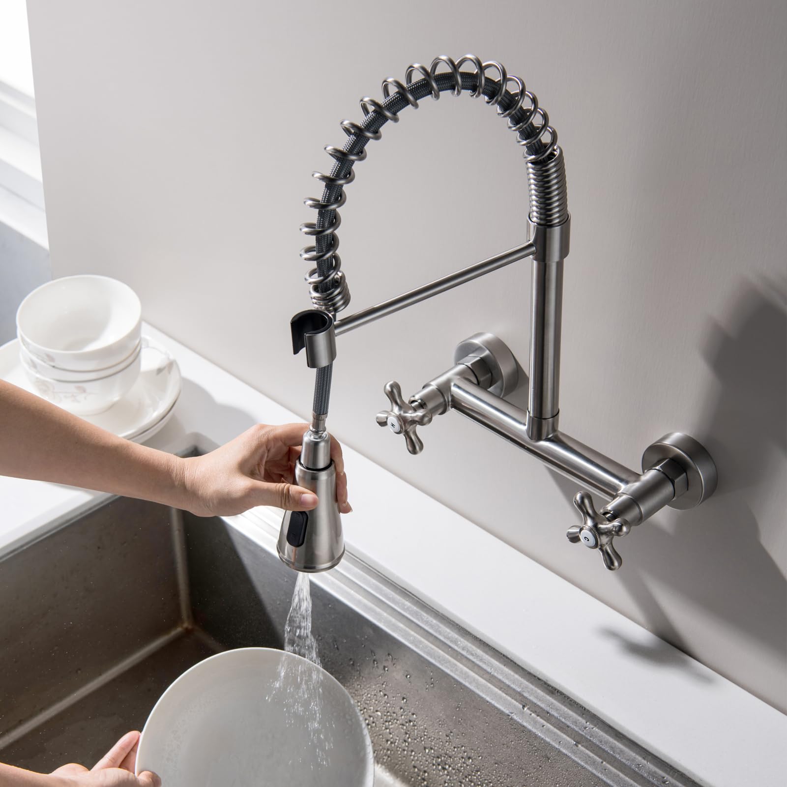Beiyi Wall Mount Kitchen Faucet, Wall Mounted 8 Inches Center Kitchen Sink Faucet With 3 Functions Sprayer Wall Kitchen Faucets, Brushed Nickel