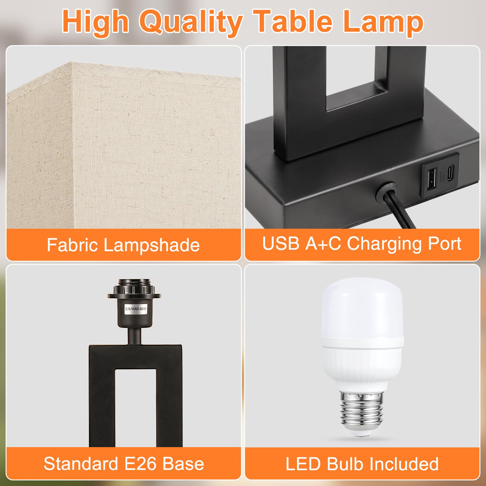 Seealle Modern 22" Tall Bedside Lamps For Night Stands - Touch 3 Way Dimmable Bedroom Lamps (Set Of 2) With Usb C+A (Beige & Black)