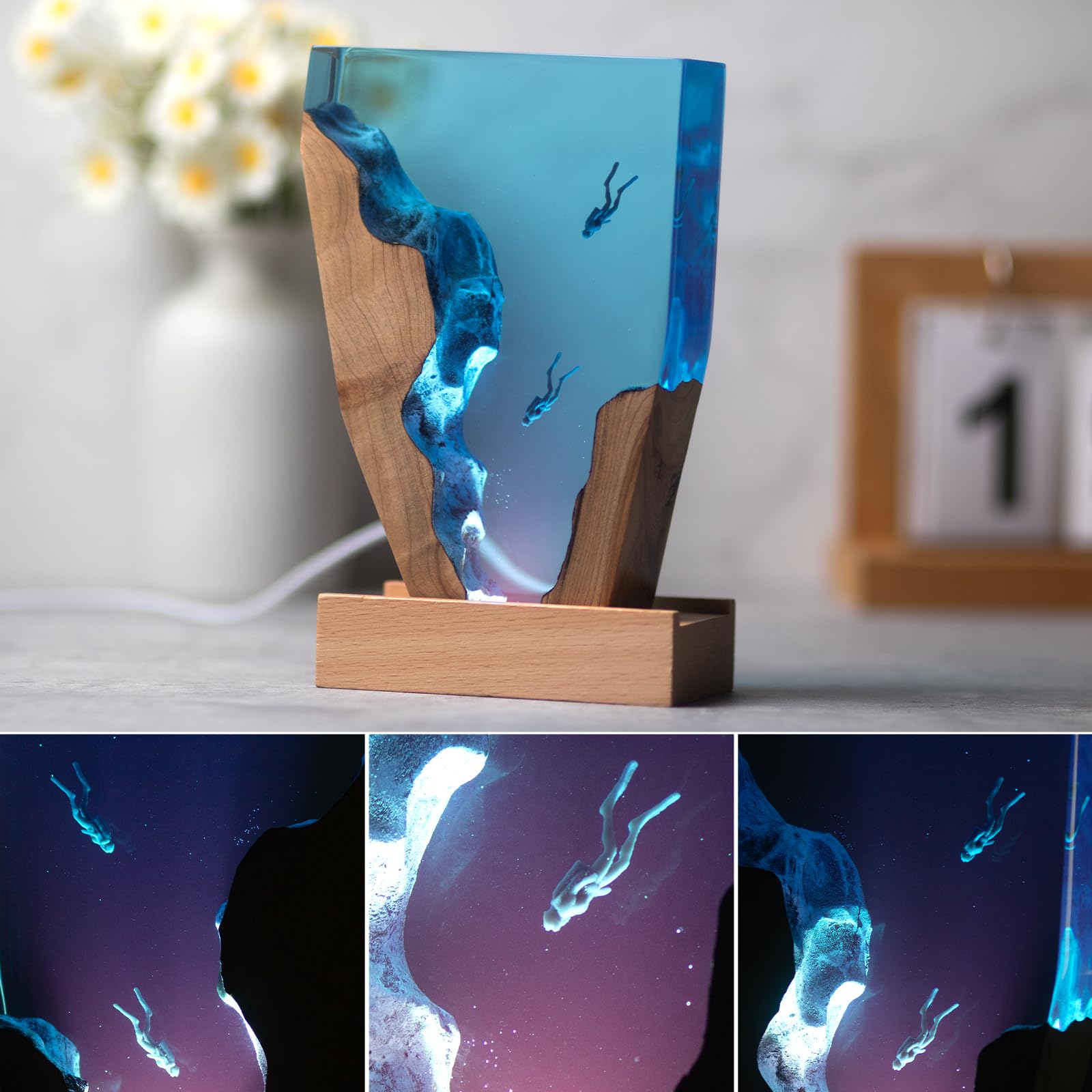 Eletriace Epoxy Resin Diver Lamp, Diver Ocean Lamp,Handmade Home Decor Bedside Nightlight, Unique Resin Lighting, Nightstand Decorations For Bedroom, Suitable For Holidays（6Inch-Two Divers