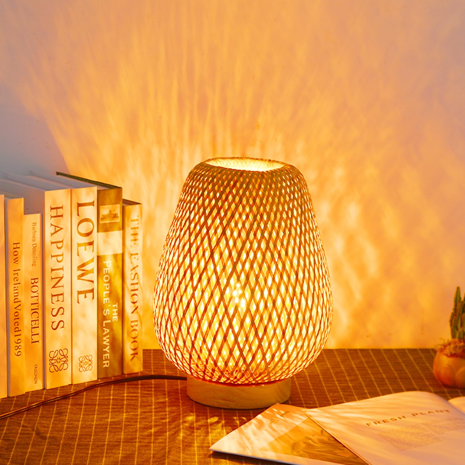 Walmhomie Handmade Boho Bamboo Table Lamp Wicker Woven Plug-In Desk Lamp, Boho Table Lights For Bedrooms Bedside Reading Light For Home Decor, 7.87''X11.81''