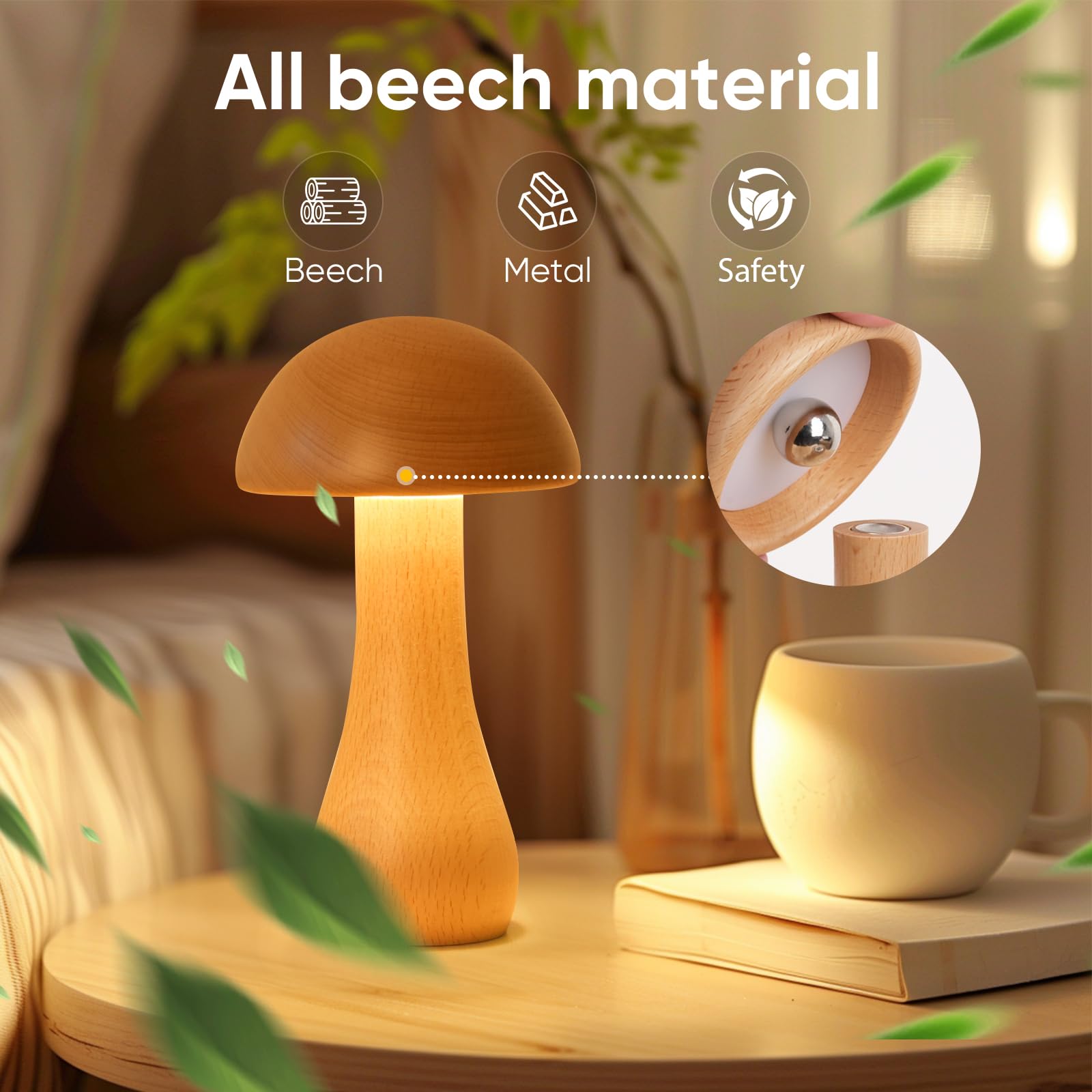 Lonrisway 2 Pack Wooden Mushroom Lamp, Portable Cordless Small Rechargeable Battery Operated Lamp,Stepless Dimming,Night Light For Birthday