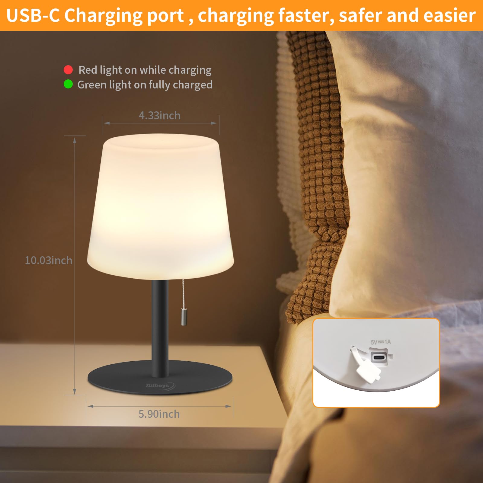 Tulbeys Warm & Rgb Cordless Table Lamp, Rechargeable Outdoor Battery Table Lamp Shower Waterproof Bedroom Lamps, Small Bedside Lamps For Night Stands