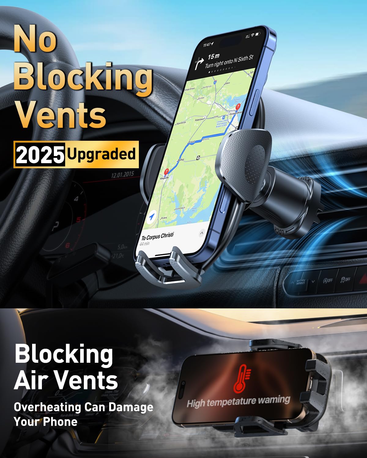Htu 【Military-Grade】 Car Phone Holder,【Strongest & Longest Steel-Hook】 Car Vent Mount, Hands 360° Adjustable Automobile Cradle Air Clip Stand For Iphone 16 15 14 13 12 Pro Max Samsung (Dark Grey)