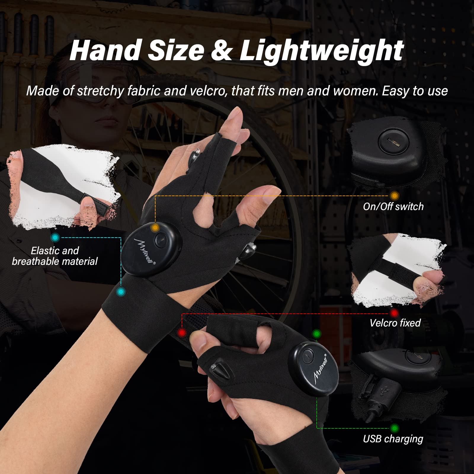 Mylivell Hands Led Flashlight Gloves Unique  For Men Women Dad Him Boyfriend Husband, Ideal For Fishing Camping Repairing Bright Flexible Rechargeable Fathers Day Christmas Birthday
