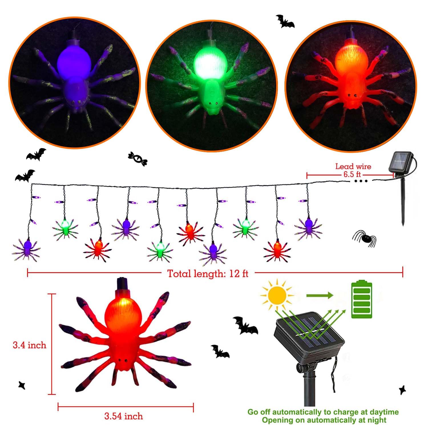 Smatols Solar Halloween Spider String Lights, 12Ft Decorations With 10 Spiders And 15 Purple Mini Lights, Curtain For Outdoor Window Patio Stair Decor