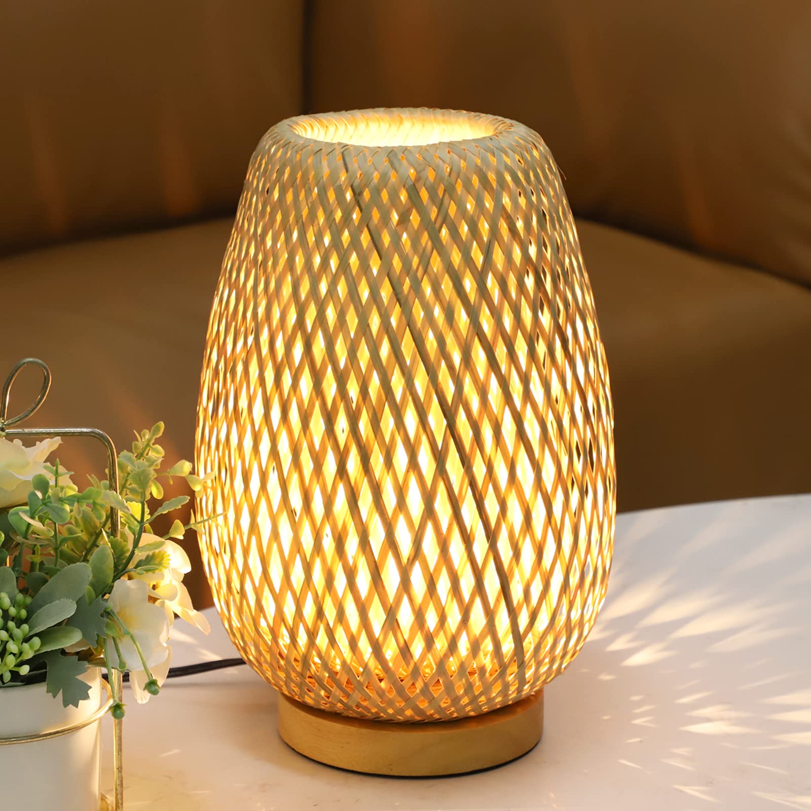 Capslpad Dimmable Rattan Table Lamp Bamboo Woven Boho Beside Lamp Small Wicker Desk Lamp Decorative Vintage Wooden Nightstand Lamps For Bedroom,Living Room,Kids Room,Nursery