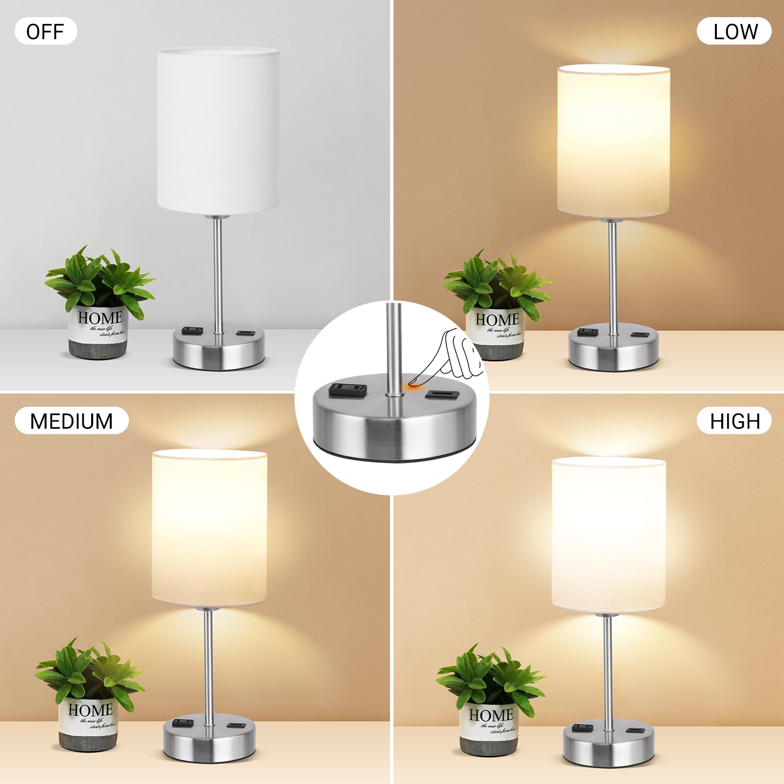 Partphoner Touch Table Lamps For Bedroom Set Of 2, Bedside Nightstand Lamps With Usb Port And Power Outlet, 3 Way Dimmable White Lamp For Living Room Nursery Room, Warm White Bulbs Included