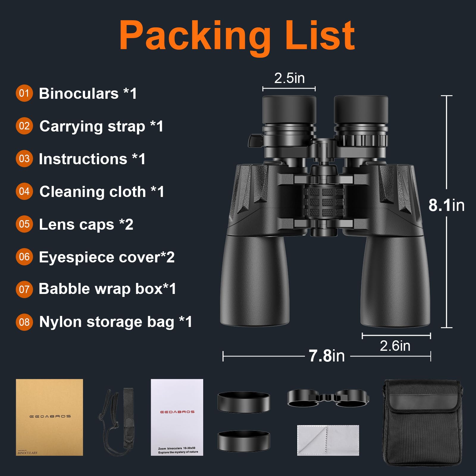 Eedabros 10-30X50 Hd Zoom Binoculars For Adults High Powered,Military Binoculars For Bird Watching Traveling Hunting Concerts With Large View,Bak4,Fmc Lens,Clear Low Light Vision At Night