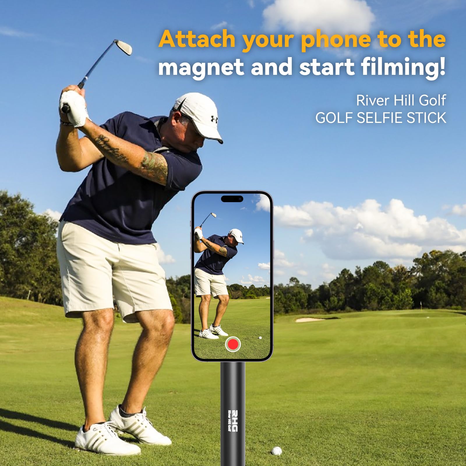 River Hill Golf Golf Monopod Stick, Golf Swing Phone Holder, 46" Magnetic Aluminum Alloy Selfie Stick W/Spike Stake Mount, Compatible W/Iphone Camera Magsafe, Adjustable Heigh Tripod, Golf Training Aid