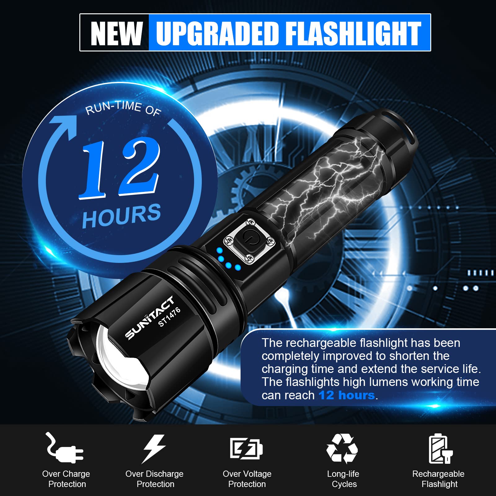 Sunitact Flashlights High Lumens, Rechargeable Flashlight Led 2000 Lumen Xhp70.2, Super Bright Flash Light, High Powered Handheld Flashlights For Emergency Camping , Ip67 Waterproof, Adjustable