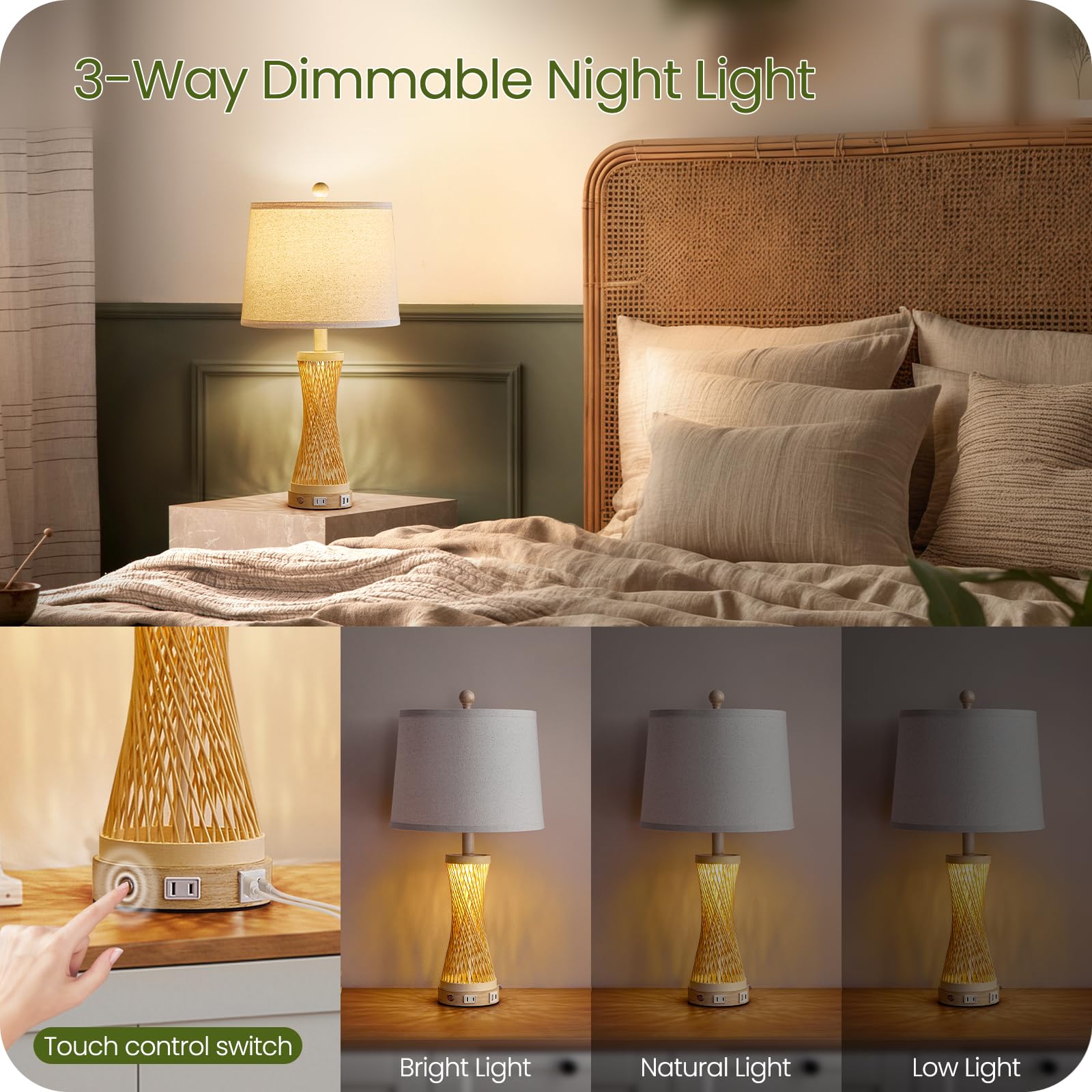 Goebleson 24.4” Farmhouse Rattan Table Lamp, Touch Bedside Lamp For Bedroom With 3-Way Dimmable Night Light, Usb A+C Charging Ports, Bamboo Boho Nightstand Lamp With Cream Linen Shade (Bulbs Included)