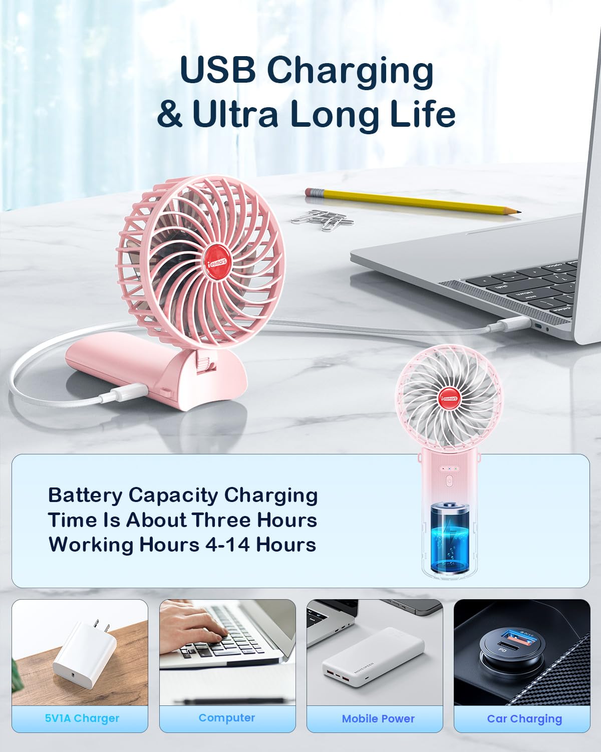 Small Portable Fan Handheld And Rechargeable: Pink Mini Hand Fans 4 Speeds Adjustable Cool Air Wind