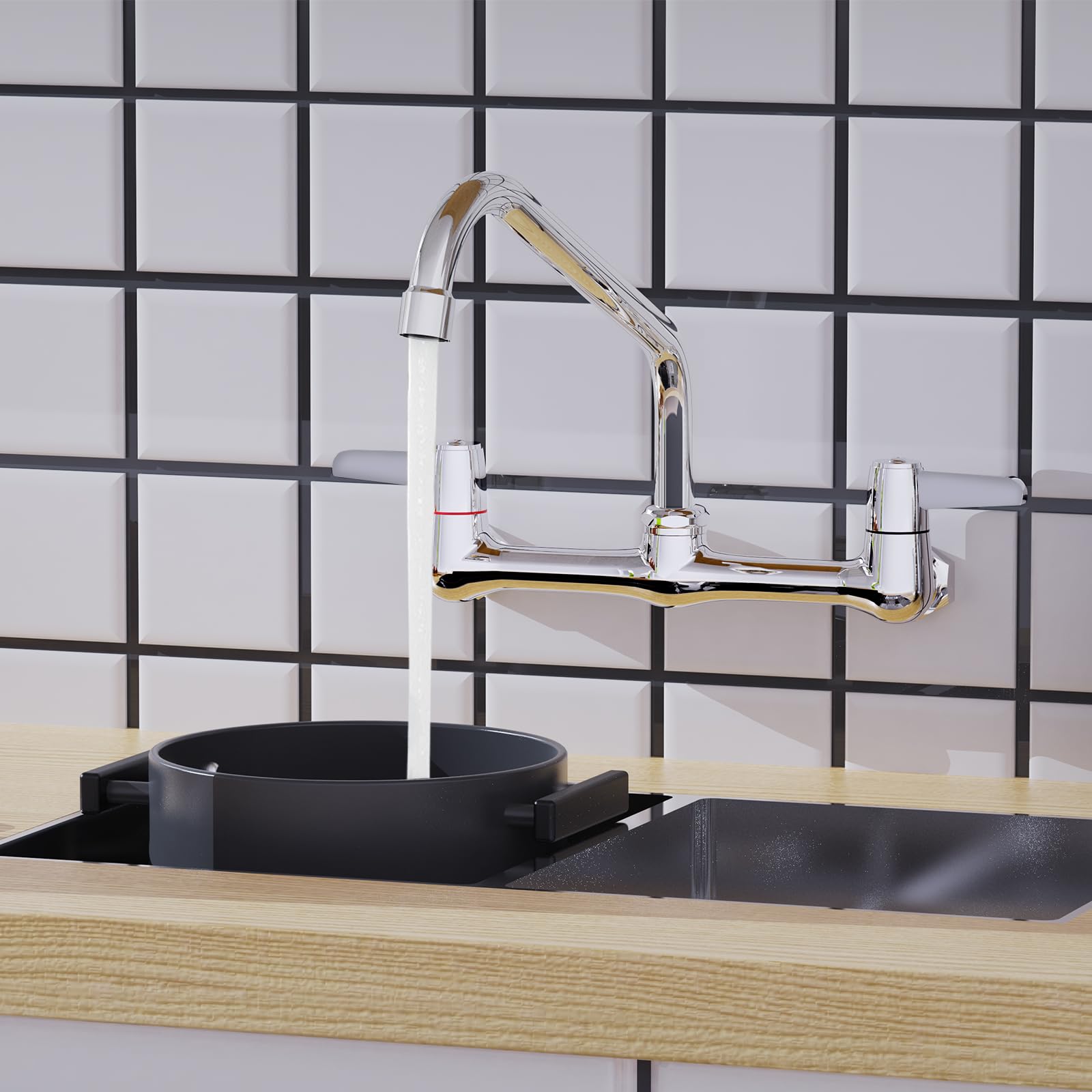 Mstjry Commercial Wall Mount Faucet For Kitchen: Utility Sink Faucet 8 Inch Center Kitchen Sink Faucet With 8" Spout - Brass Constraction - Ideal For Restaurant Laundry Industrial (Polished Chrome)