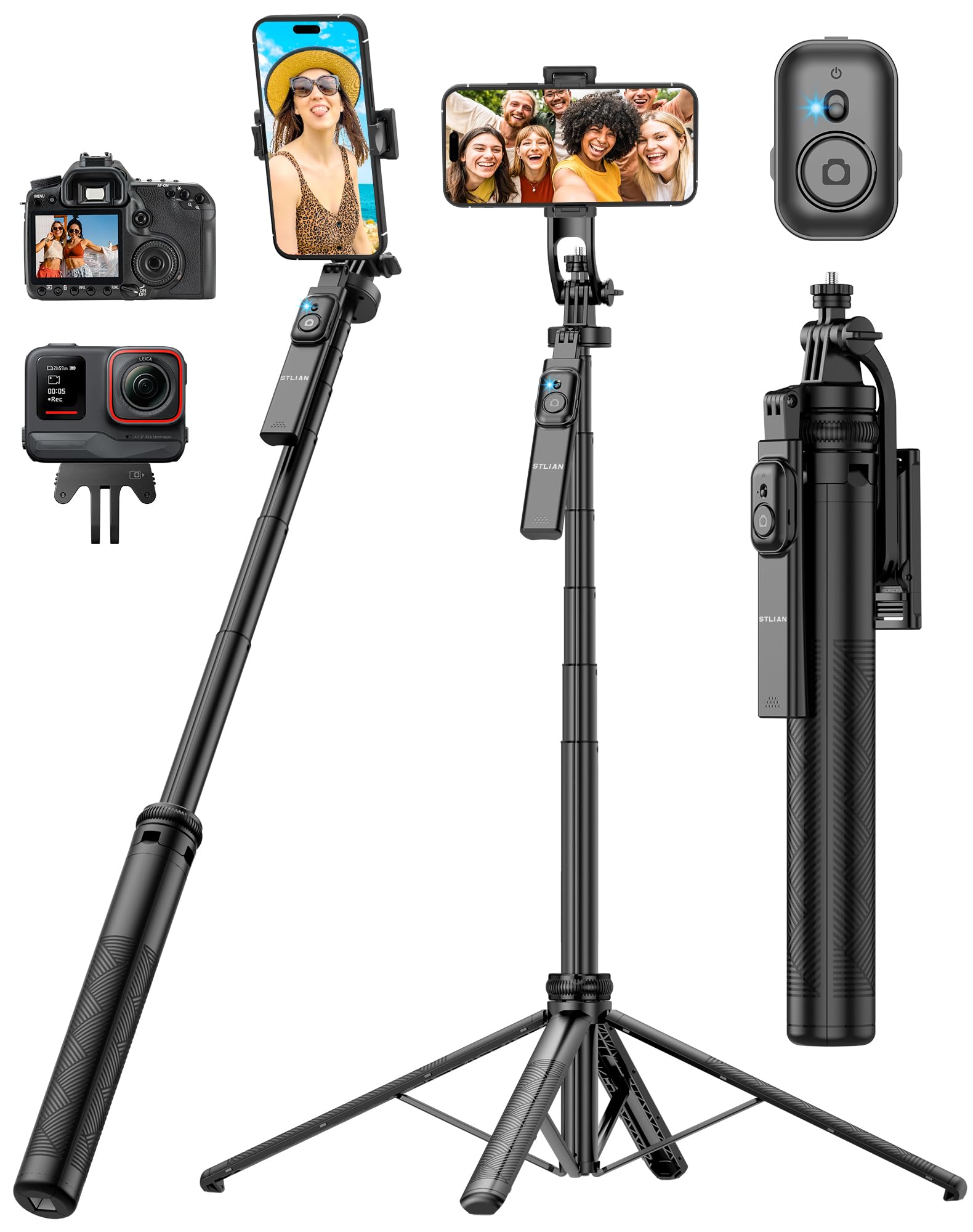 Stlian Selfie Stick Tripod Phone:70.8" Adjustable Stand For Iphone 15/Samsung S23/Gopro, Portable Tripod For Camera & Phone, Vlogging, Youtube Live Streaming, Travel Photography
