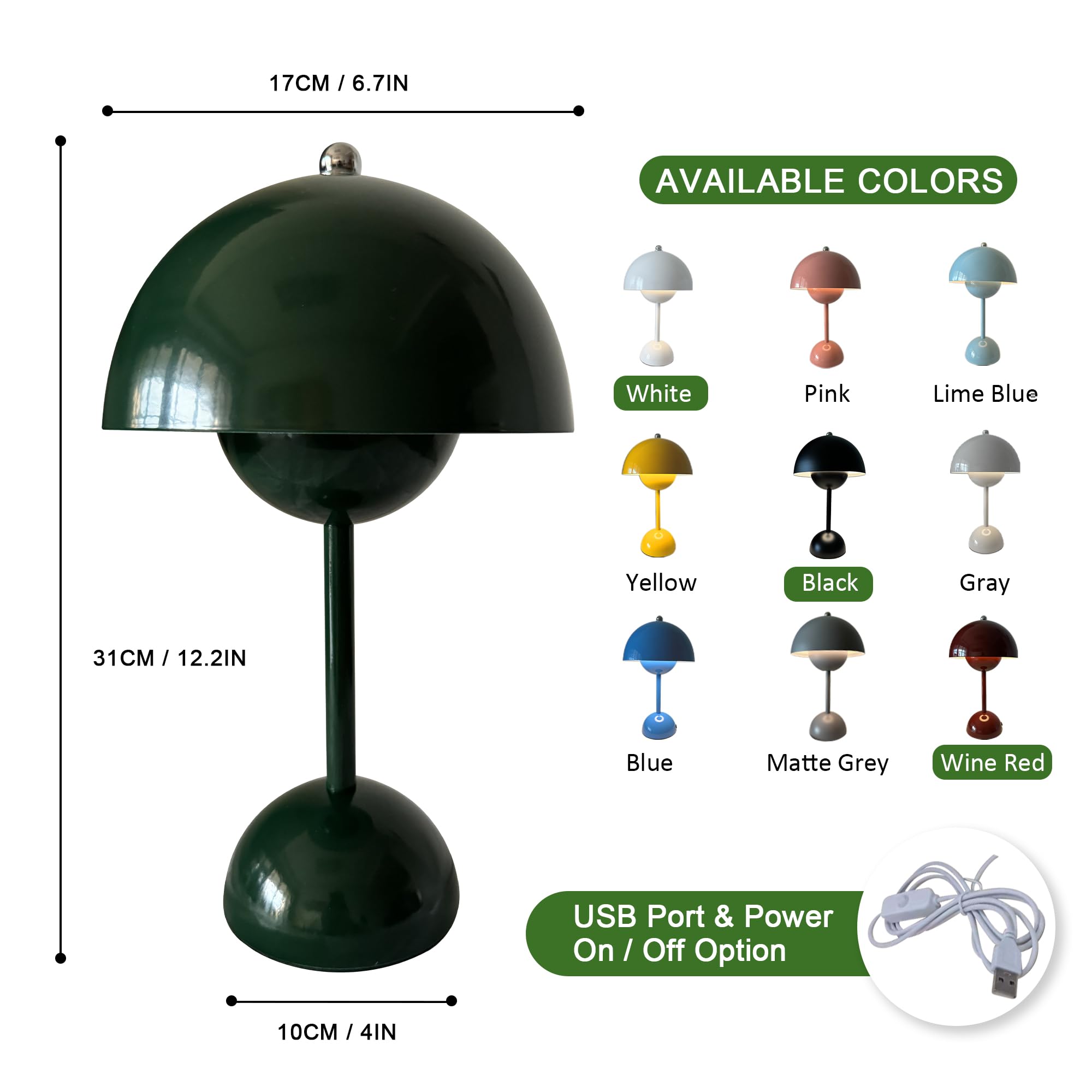 Qichksum Flowerpot Table Lamp With Usb Charging Cable, 3 Colors Stepless Dimmable Touch Desk Lamp, Cute Dome Shade Mushroom Bedside Reflecting Light For Nightstand Bedroom, Restaurant (Green)