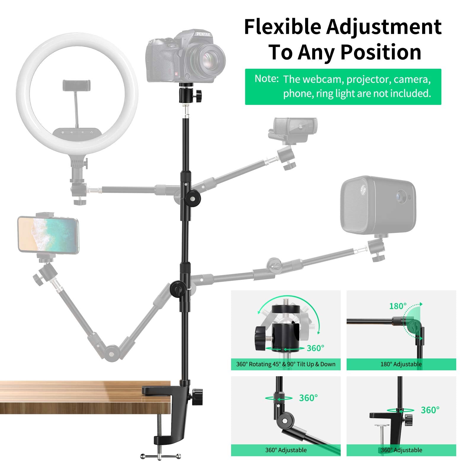 Kdd Webcam Stand Camera Mount With Phone Holder & 5/8" Screw, 25In Flexible Projector Stand Gooseneck Desk Mic Stand For Logitech C922 C930E C920 C615 C960 Brio 4K, Gopro, Blue Yeti Snowball Ice