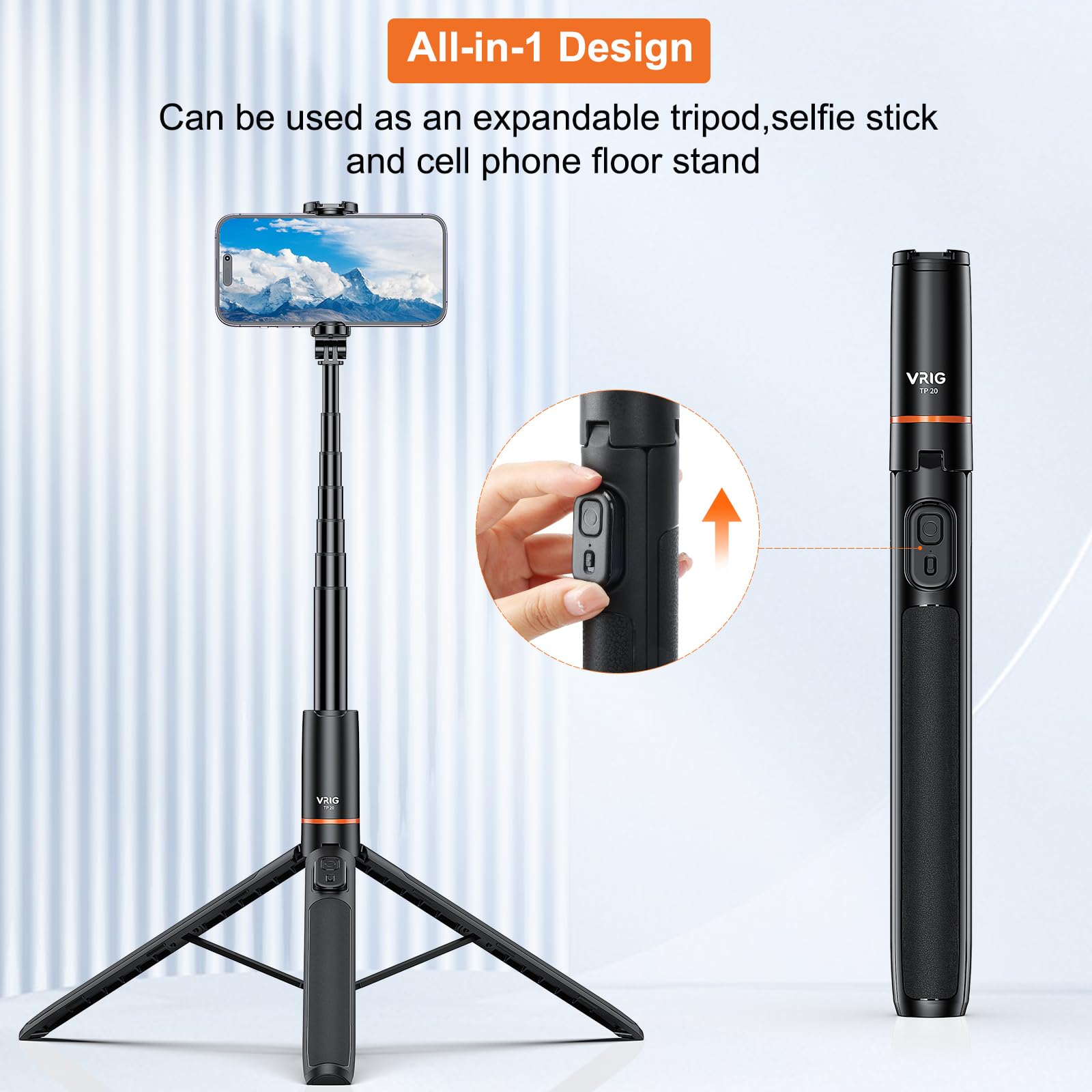 Vrig Select Vrig 63" All-In-1 Selfie Stick Tripod With Integrated Remote, Portable, Lightweight, Extendable Phone Tripod For Iphone/Android