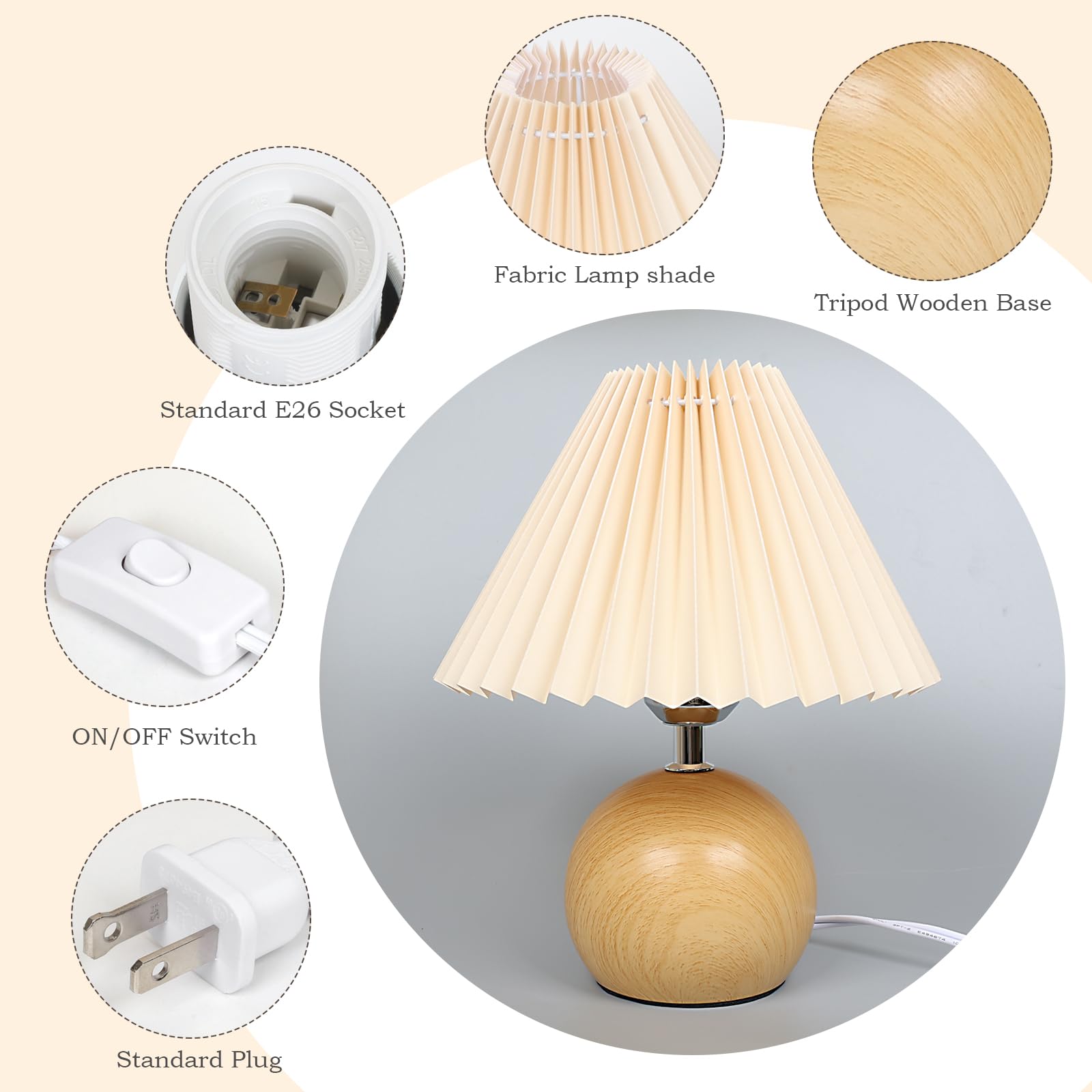 Jachoyi Small Pleated Table Lamp, Bedside Nightstand Lamp With Beige Lampshade, Morden Mini Lamp For Bedroom Home Office Decor, E27 Bulb Included