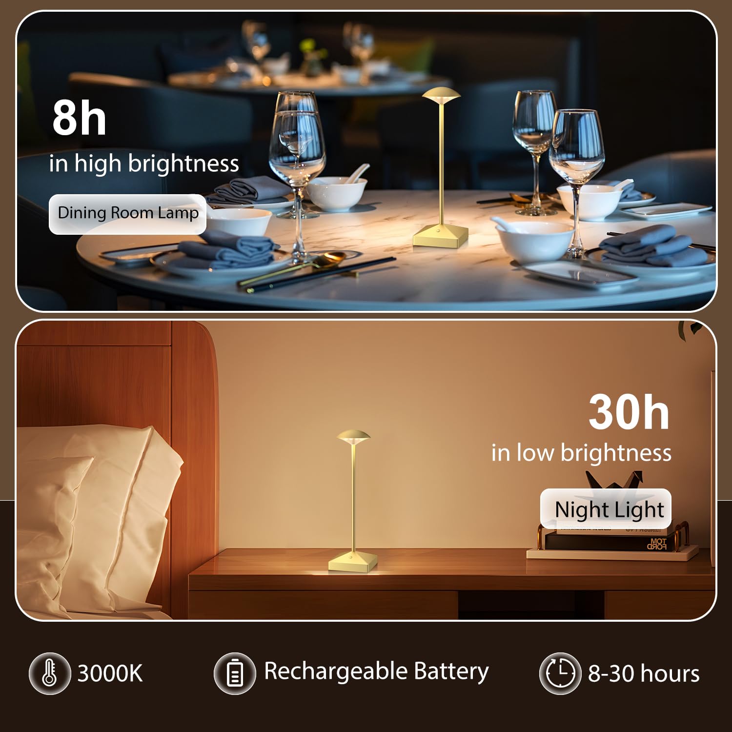 Funtaphanta 3 Pack Gold Small Cordless Table Lamps Rechargeable, Battery Operated Mini Lamp, Small Lamp Touch Portable Table Lights, Led Night Light For Bedside/Bathroom/Desk/Outdoor (Gold-B)