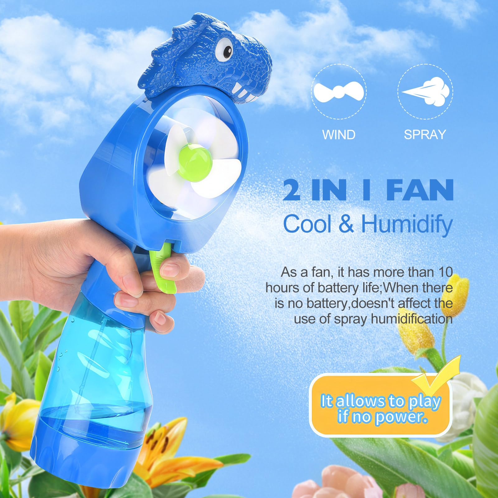 Qearfun Dinosaur Handheld Misting Fan With Water Spray,Personal Fan With Battery Operated