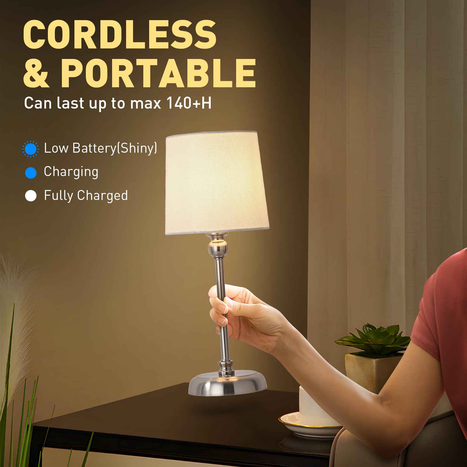 Baizhou Cordless Led Table Lamp, 6000Mah Rechargeable Bedside Small Lamp For Bedroom, Portable Touch Stepless Dimmable Battery Operated Lamp, Ambient Light For Patio Restaurant(Brushed Nickel H)