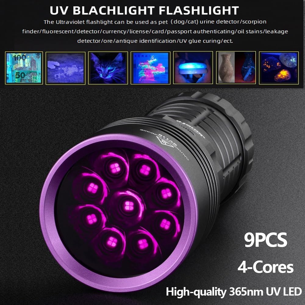 Alonefire Sv119 365Nm Uv Flashlight 90W Powerful Blacklight Digital Display Usb C Rechargeable Black Light For Pet Urine Detector, Scorpion, Resin, Bed Bug, Fishing With Uv Protective Glasses, Battery