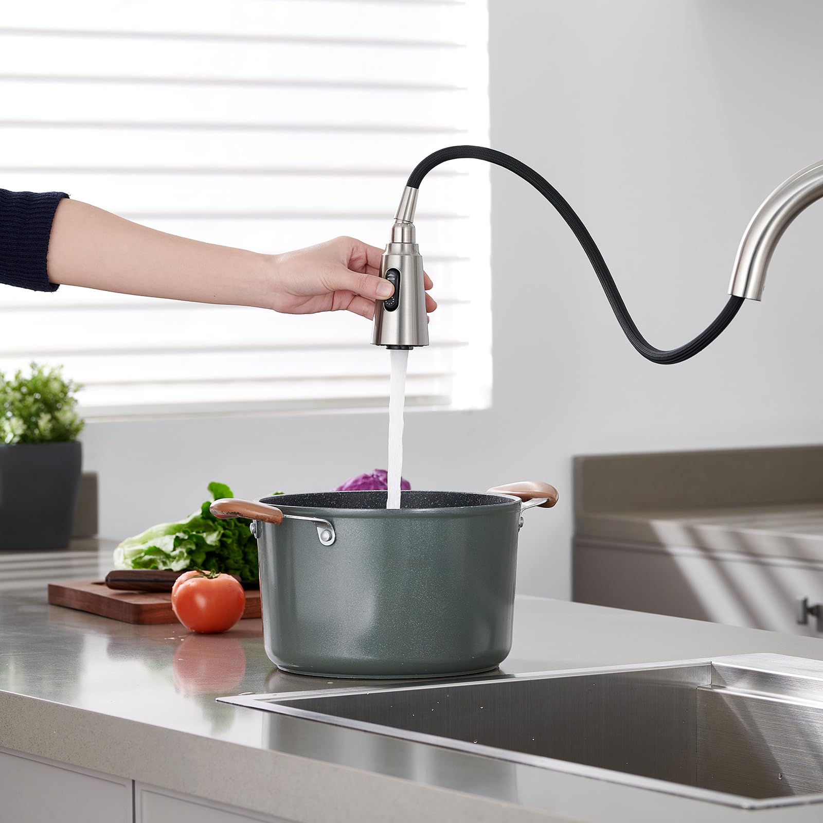 Aktines Kitchen Faucet With Pull Down Sprayer, 3-Function High Arc Stainless Steel Kitchen Sink Faucet With Deck Plate, Brushed Finish