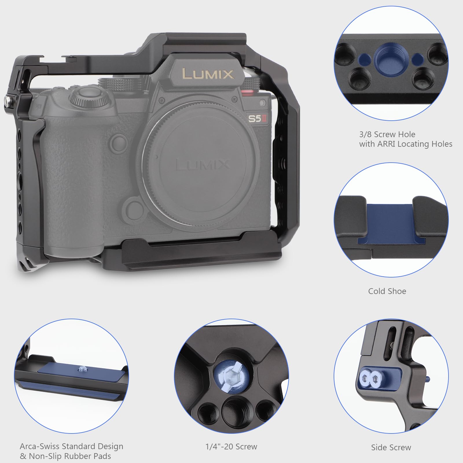 Leftfoto S5Ii Camera Cage For Panasonic Lumix S5 Ii / S5 Iix - Camera Protection Frame Rig With Arca Base,Nato Rail,Arri Threads Compatibility With Dji Rs2 Stabilizer- For Vlog Video Shooting