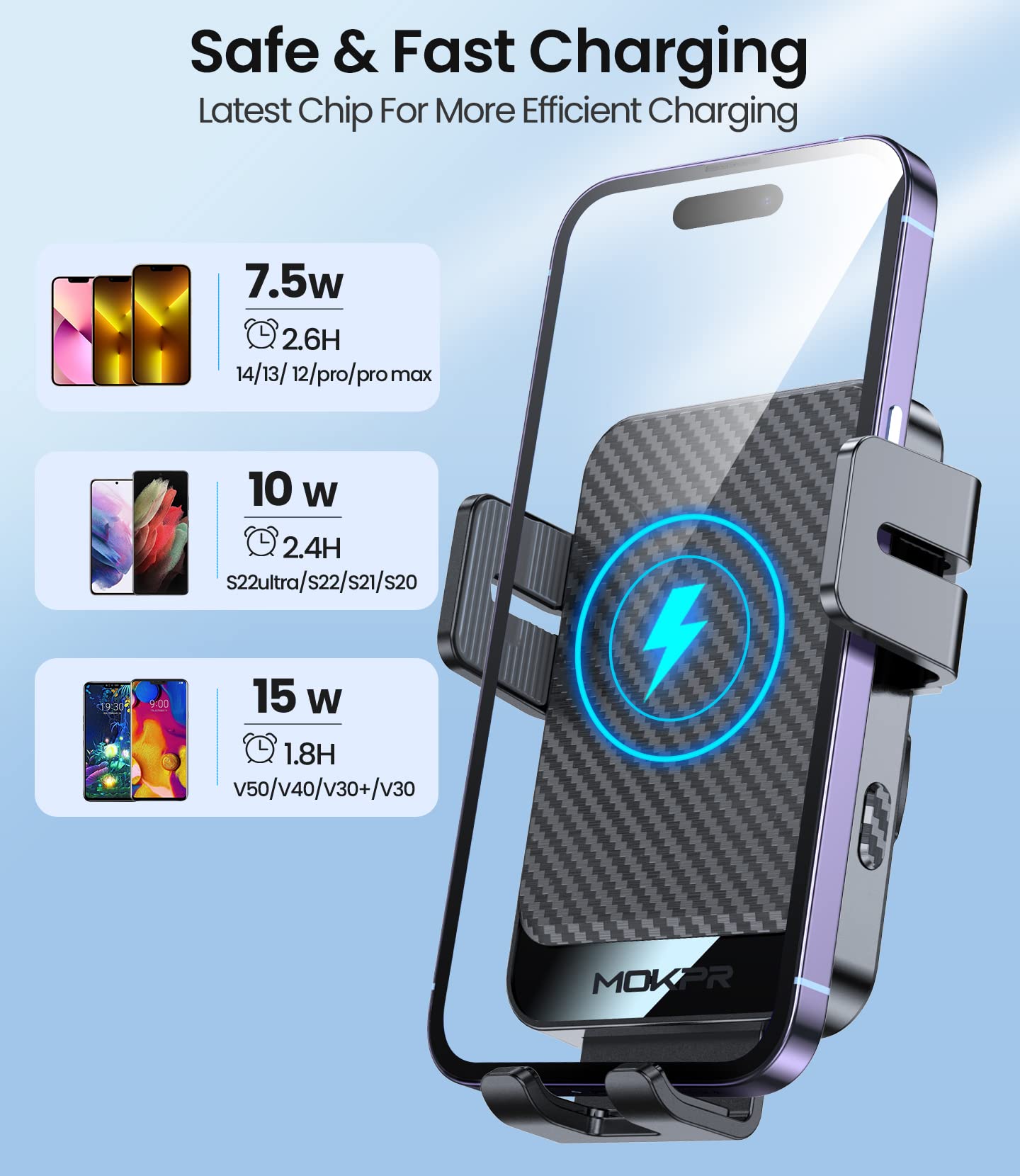 Mokpr Wireless Car Charger, 15W Fast Charging Auto-Clamping Car Mount Universal Hands- Car Charger Mount For Dash Windshield Air Vent Compatible With Iphone 16 15/14/13/12, Samsung S23/S22/S21,Etc