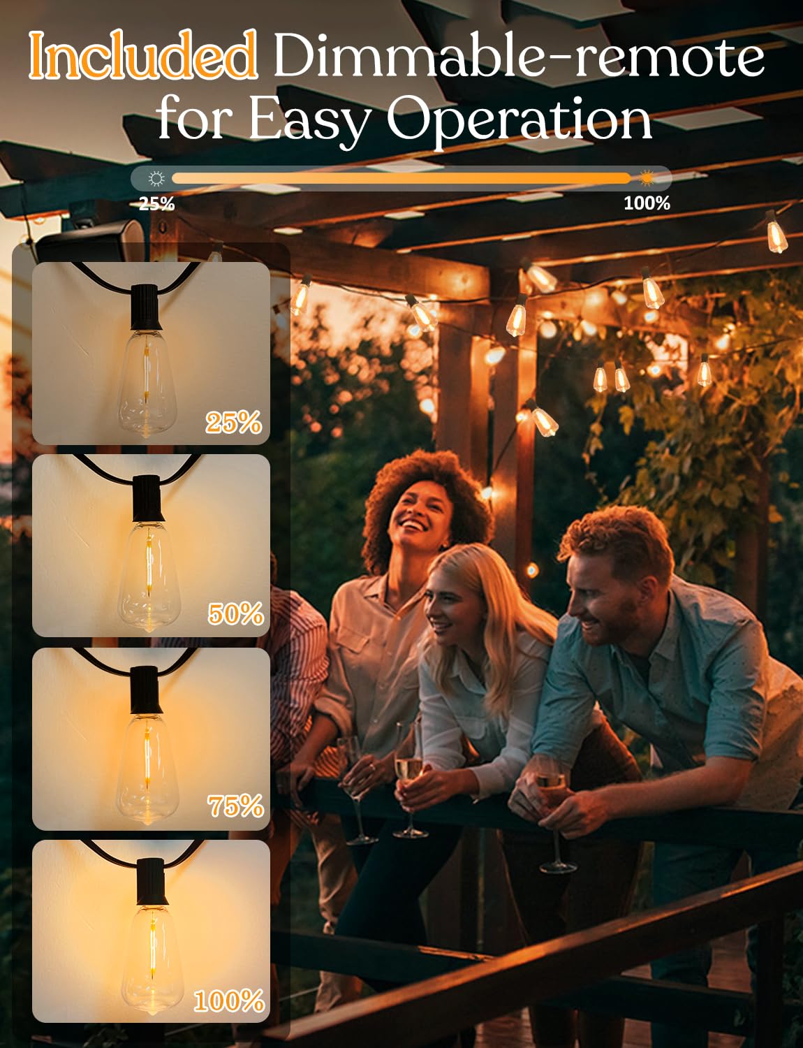 Ghustar 100Ft Solar Outdoor String Lights With Remote - Usb Rechargeable Solar Powered Outdoor Patio Lights, Larger 3.5W Solar Panel , Timer, Dimmable Shatterproof St38 Bulbs For Backyard, Porch, Garden, Pool