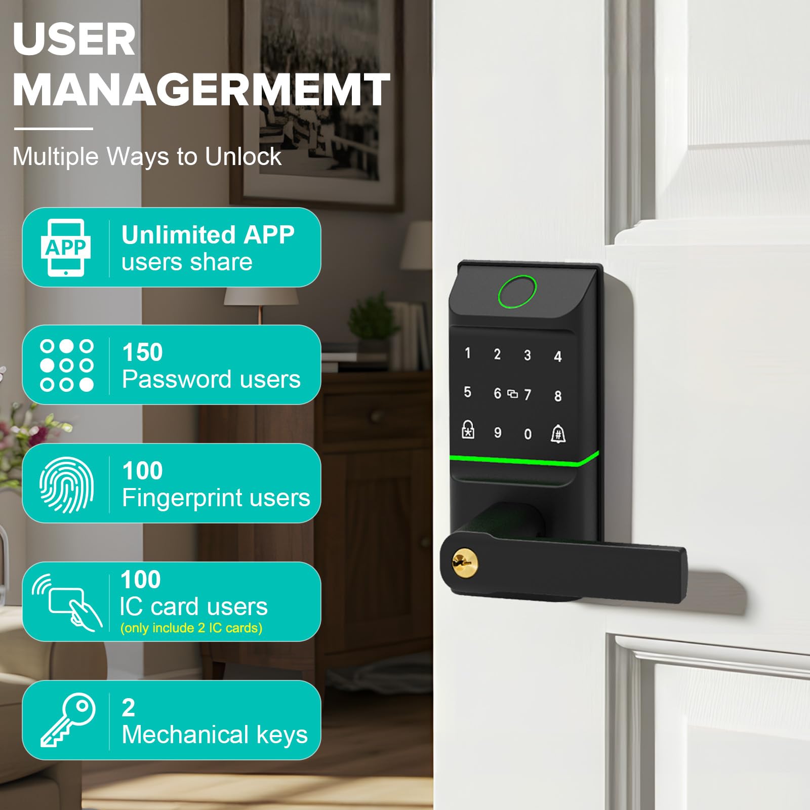 Mutak Keyless Entry Smart Door Lock With Doorbell, 6 In 1 Biometric Electric Digital Deadbolt Fingerprint Touchscreen Keypad App Ic Card With 2 Lever Handles For Front Doors Home Office Apartment