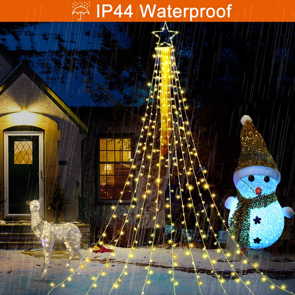 Funiao Christmas Decoration Lights, 320 Led Waterfall Christmas Tree Lights With 12" Star Topper, 8 Modes Indoor Outdoor String Lights For Yard, Party, Home, Holiday (Warm White)