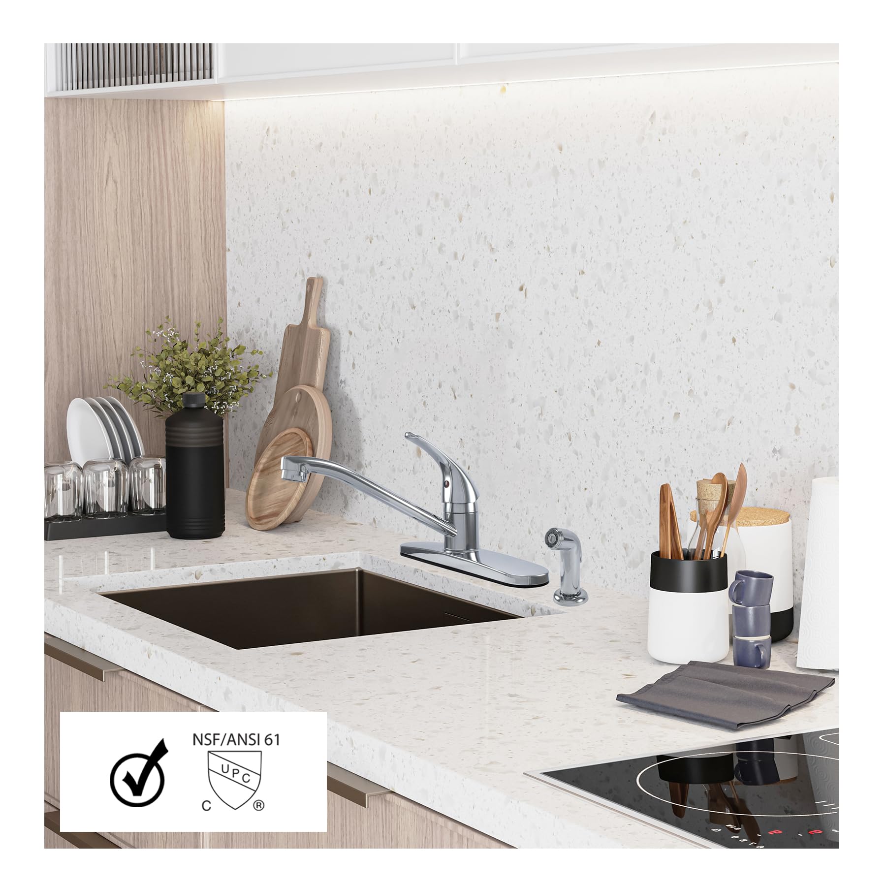 Wmf Wmf-8348Z-Bn Kitchen Sink Faucet With Side Spray, Single Handle Kitchen Faucets, Brushed Nickel, Hybrid Metal Deck, Swivel Faucet