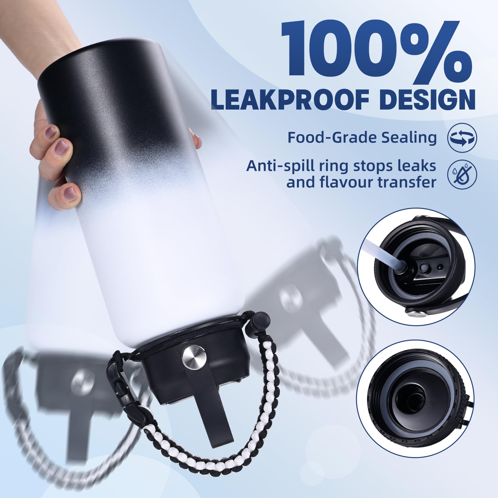 Insulated Water Bottle, 32 Oz Stainless Steel Wide Mouth Water Bottles With 2 Leak Proof Lid