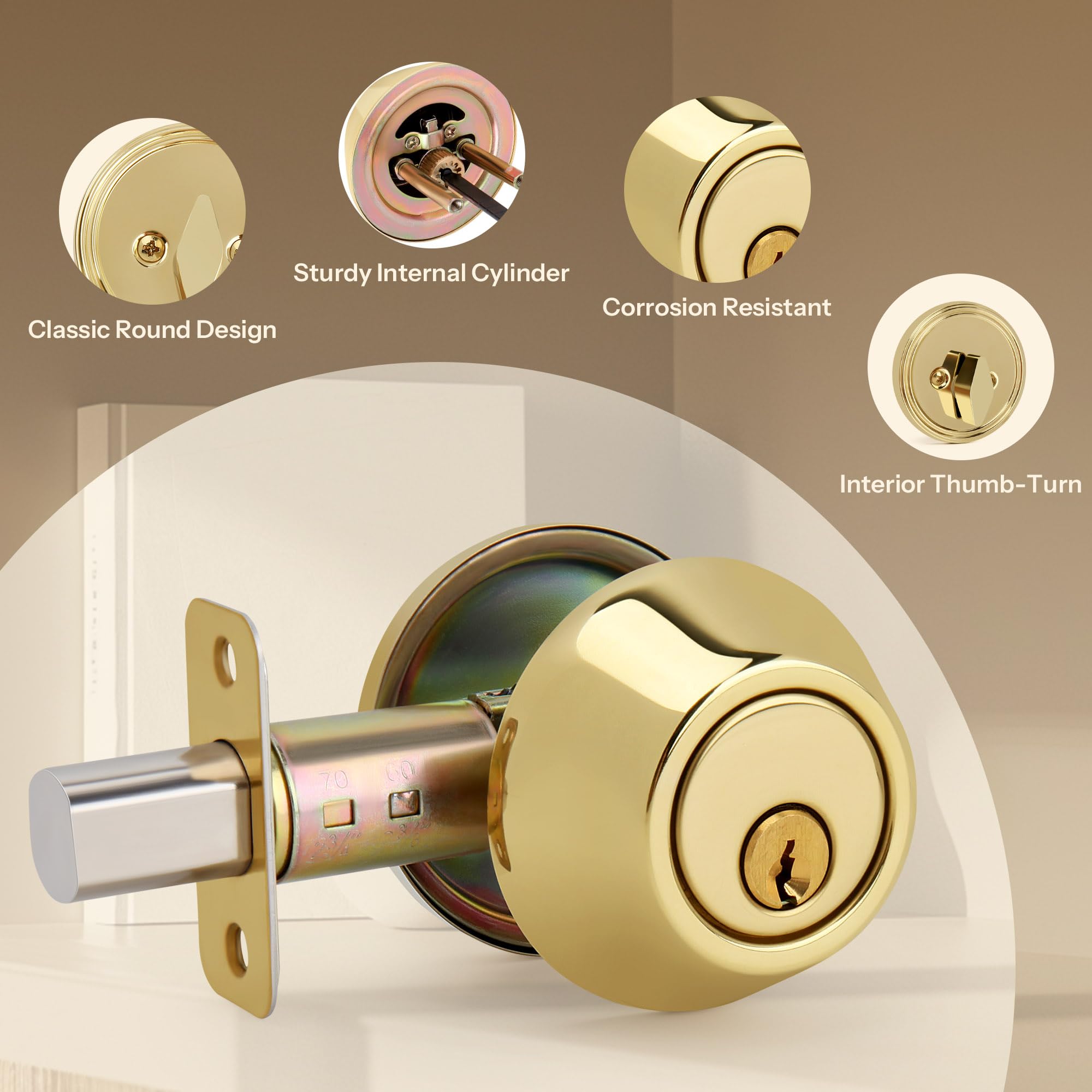 Loqron Round Design Single Cylinder Deadbolt With Keys, Exterior Keyed Dead Bolt Lock For Front Entrance Door Security, Polished Brass