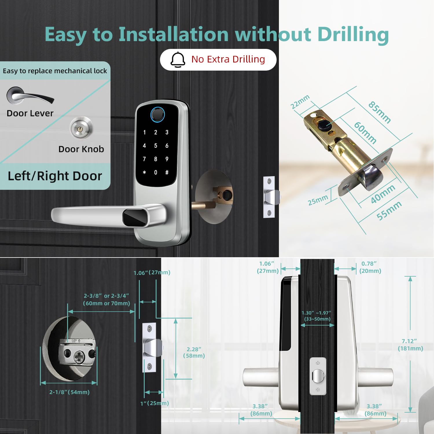 Volibel Smart Door Handle Lock,  Keypad Door-Locks With Handle, Keyless Entry Door-Lock With App Control, Smart Locks For Front Door, Electronic Door Locks, Easy Setup And Installation