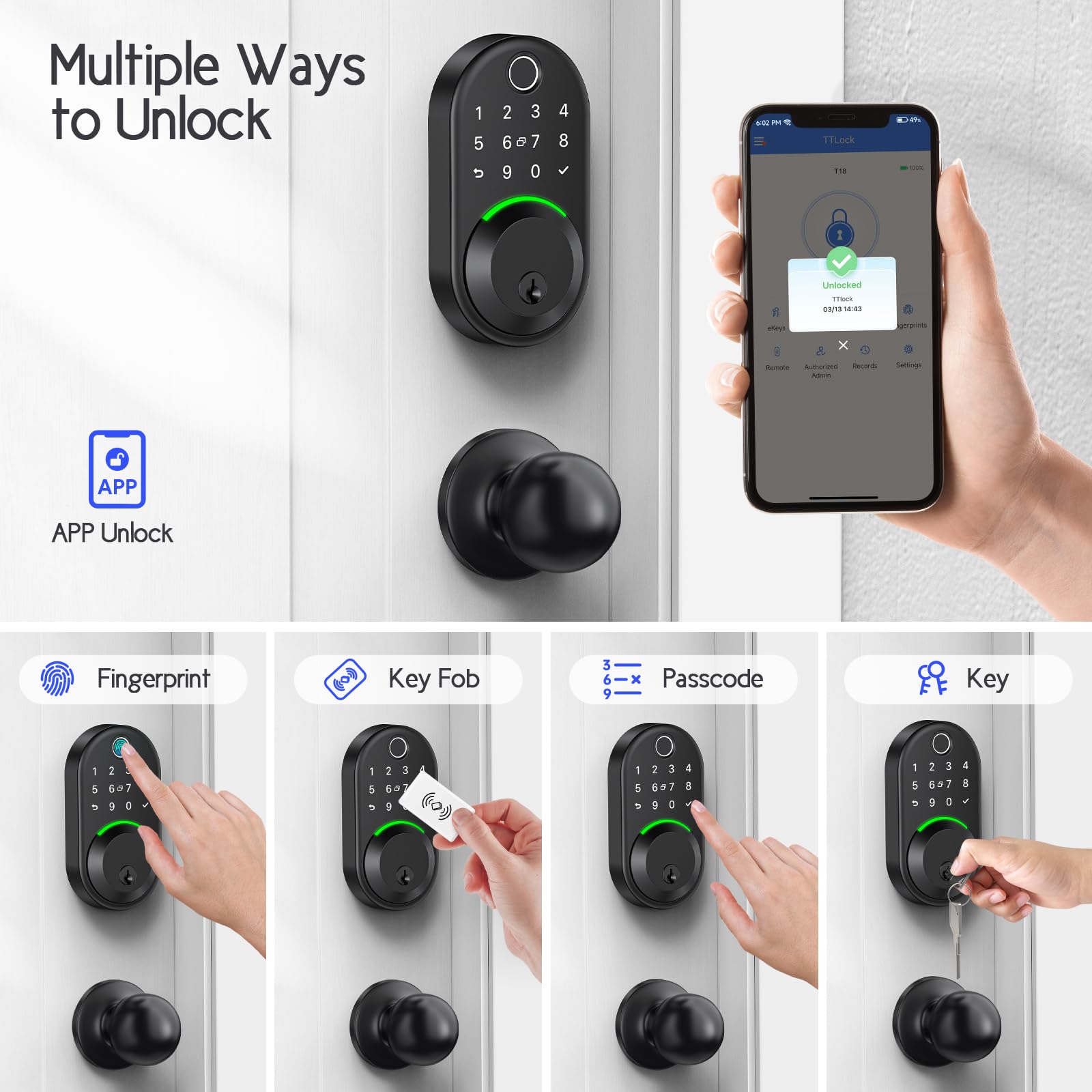 Wisegear Keypad Smart Lock With Knob Set,Keyless Entry Door Lock Deadbolt With Handle,Front Door Lock Set,Fingerprint Door Lock For Front Door,Electronic Code Deadbolt, Matte Black