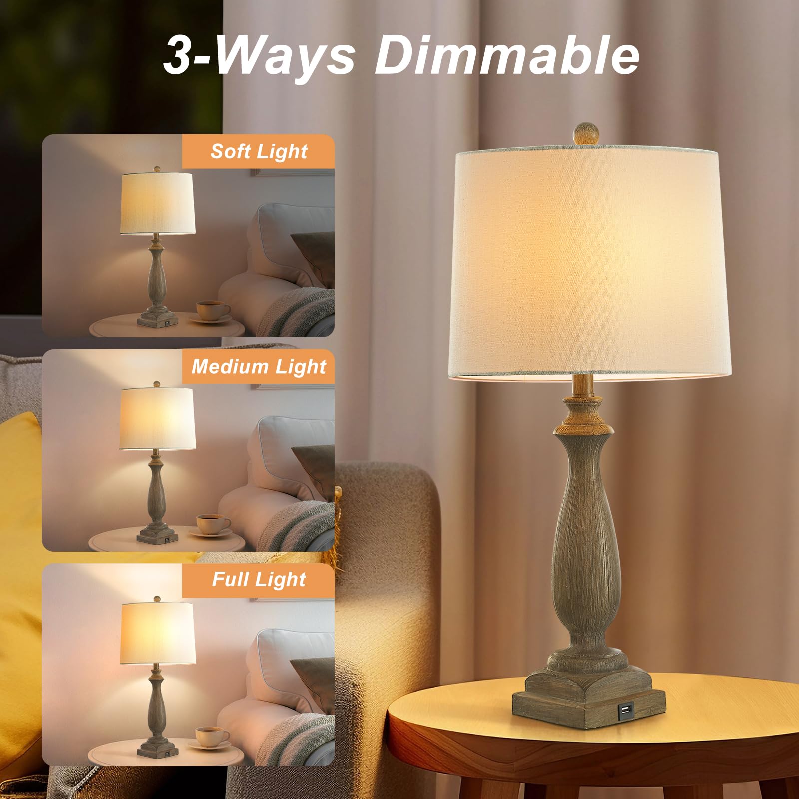 Hightry Rustic Bedside Lamps Set Of 2, 26.6" Table Lamp With Usb Port, 3 Way Dimmable Farmhouse Nightstand Resin Lamp For Bedroom Living Room Office
