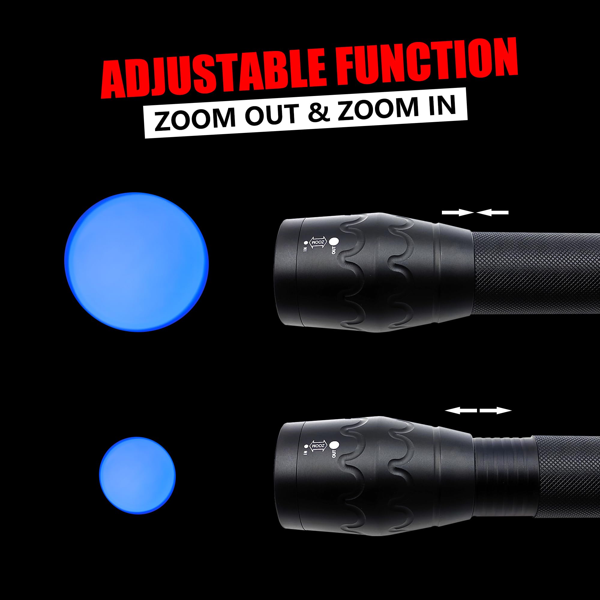 Fadomall Blue Light Led Flashlight Single Mode Adjustable Focus Night Hunting Flashlights For Observation, Fishing, 2 Pack
