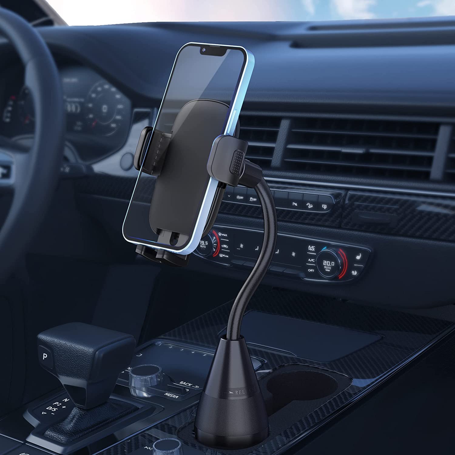 Qifutan Cup Holder Phone Mount, Black, Extendable Base & Adjustable Gooseneck, Compatible With Iphone