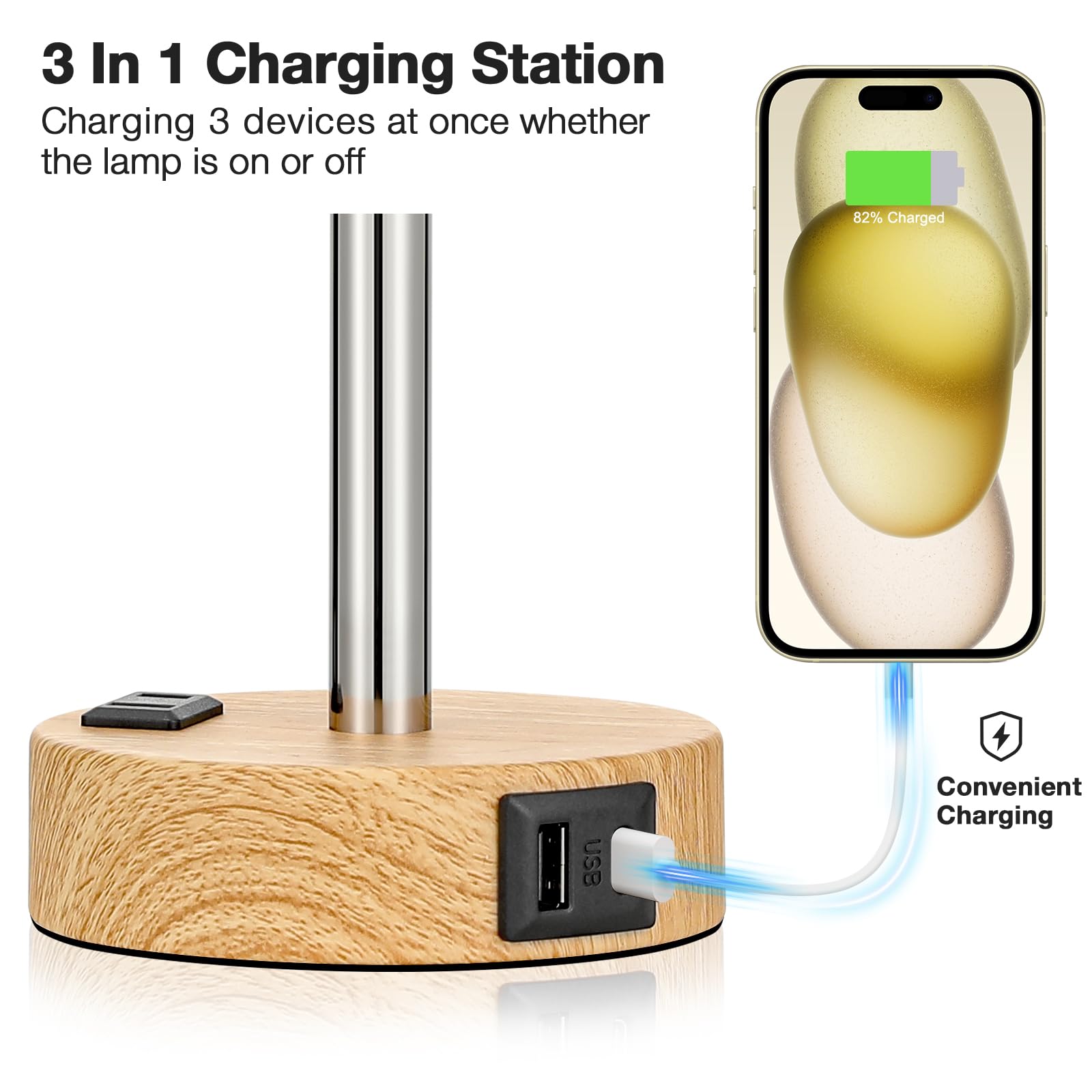 Fenmzee Bedside Table Lamp For Bedroom - 3 Way Dimmable Touch Lamp Usb C Charging Ports And Ac Outlet, Small Lamp Wood Base Round Flaxen Fabric Shade For Living Room, Desk, Led Bulb Included