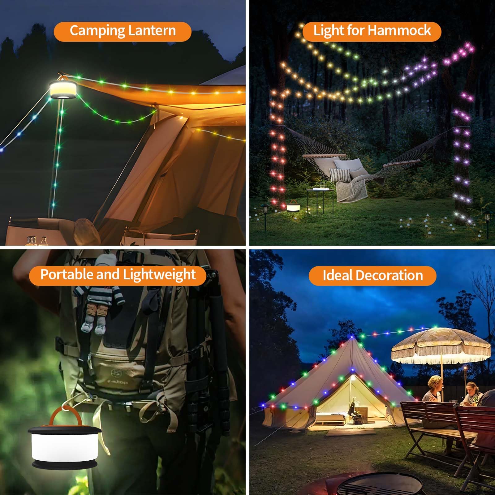 Toheto Camping String Lights, 3 In 1 Retractable Rgb Outdoor String Lights With 19 Lighting Modes,Quick 30S Recovery, 32.8 Ft Portable Tent Lights, Rechargeable Camping Lantern (Black&Orange)