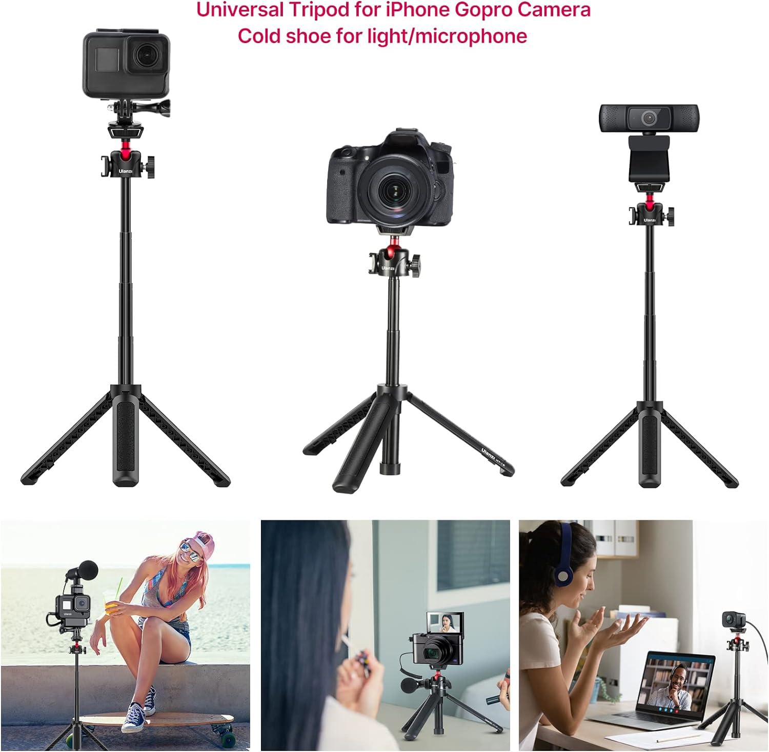 Ulanzi Select Mt-16 Extendable Mini Camera Tripod, 4 Levels Adjustment 360° Ball Head Cold Shoe Lightweight Portable Vlog Travel Selfie Stick Handle Grip Desktop Webcam Tripod For Dslr Action Camera