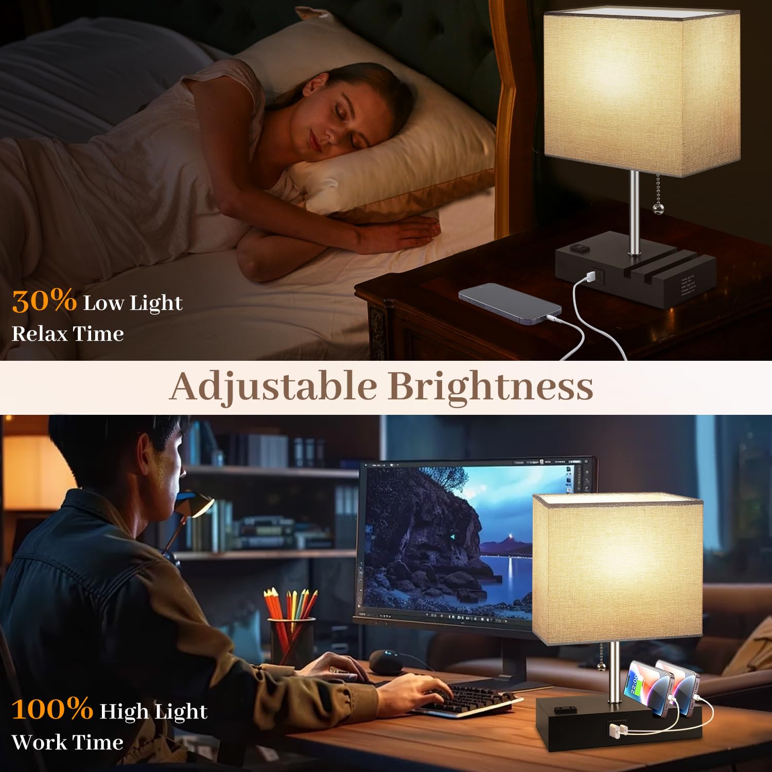 Yieelog Smart Rgb Dimmable Table Lamp Work With Alexa&App&Remote Control, Bedside Desk Lamp With Charging Ports&Outlet&Phone Stand, Music Sync Nightstand Lamp For Bedroom Living Room Office Dorm