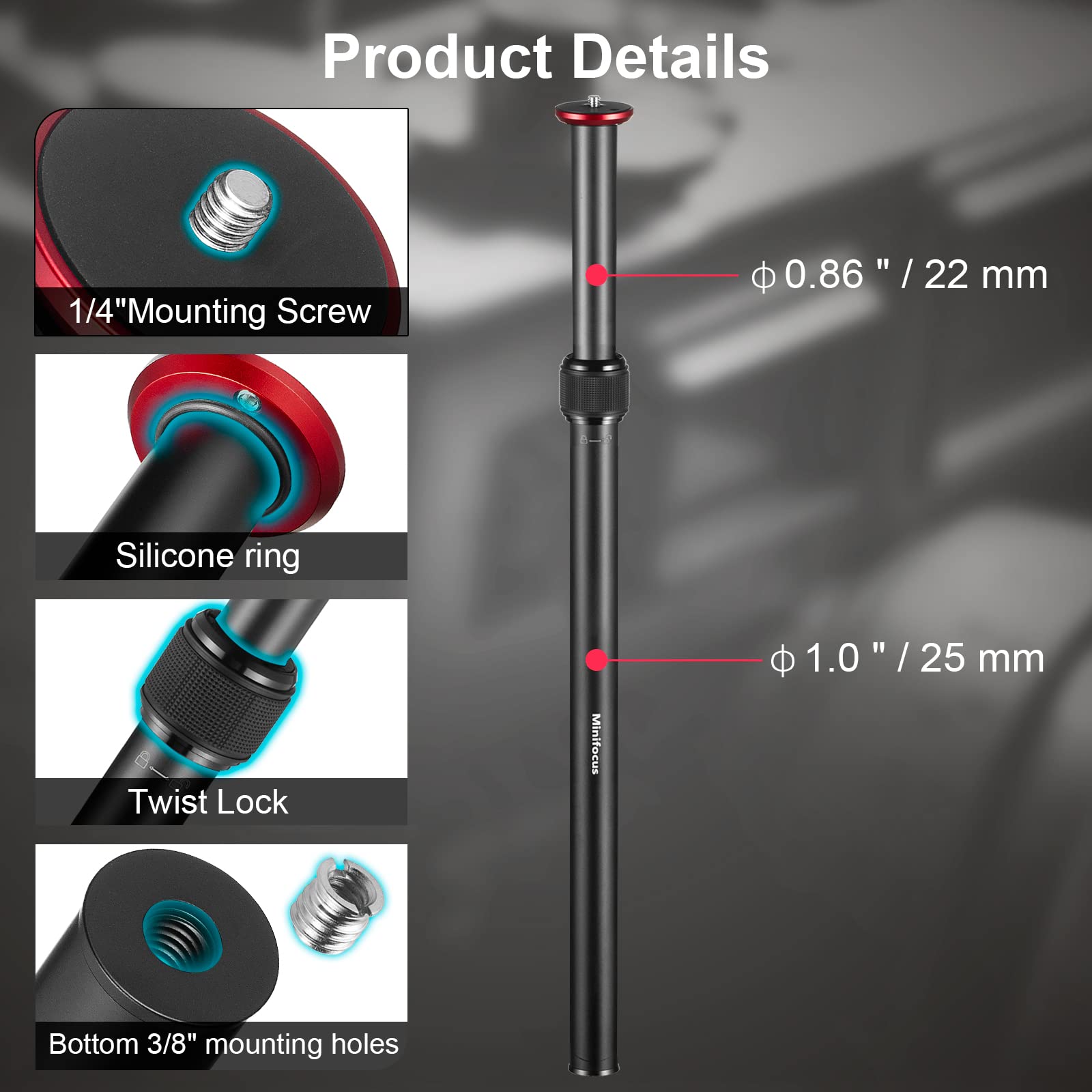Minifocus Tripod Extender, 2 Section Center Columns, 23.4" Alloy Aluminum Telescopic Stick Rod With 1/4" & 3/8" Screw, Compatible With Tripod/Gimbal/Camera, Max Load 33Lb