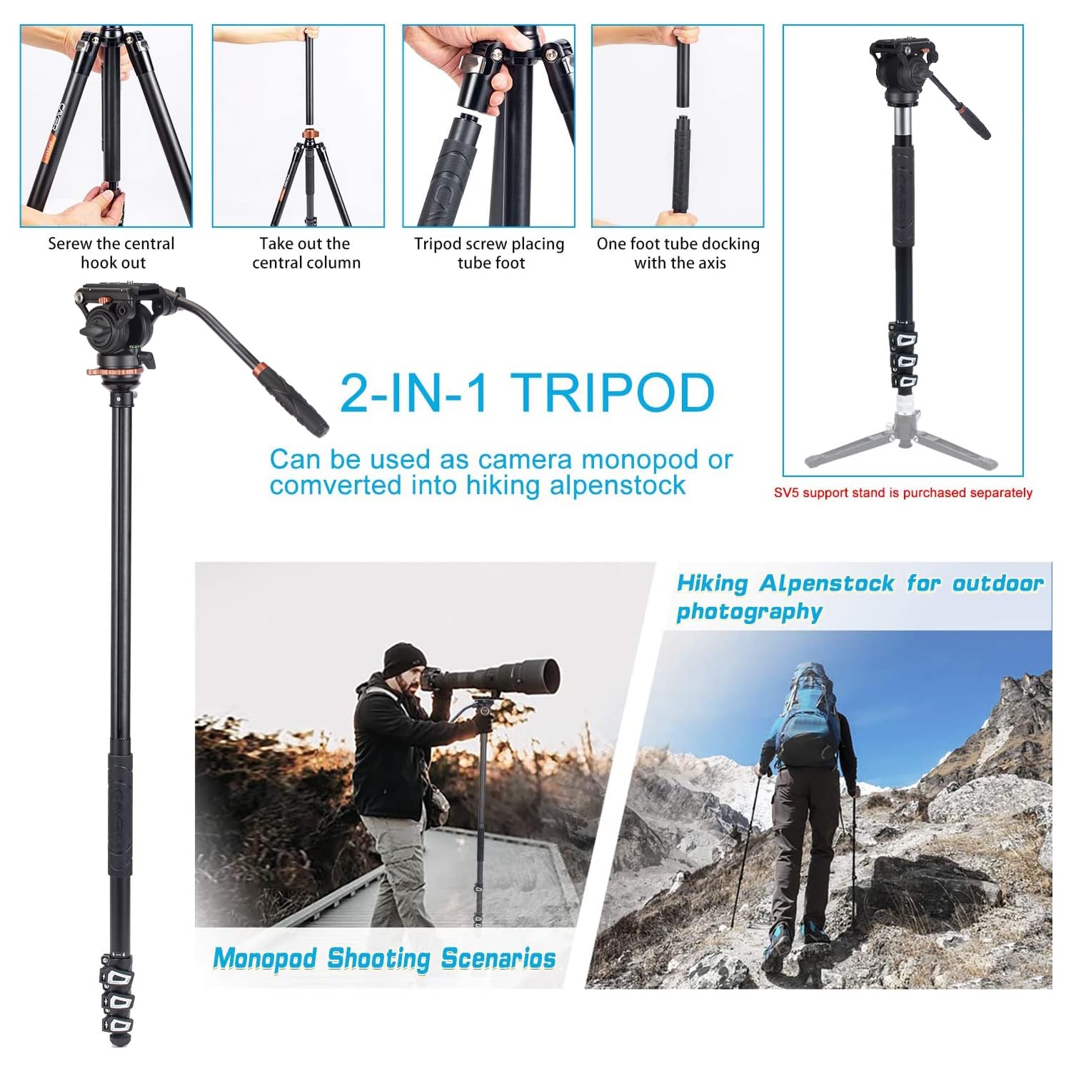 Cayer Af2451 Video Tripod With Fluid Head, 74.6" Convertible Aluminum Tripod To Monopod, 13.2 Lbs Payload, Half Ball Leveling Base For Dslr Cameras And Video Recording