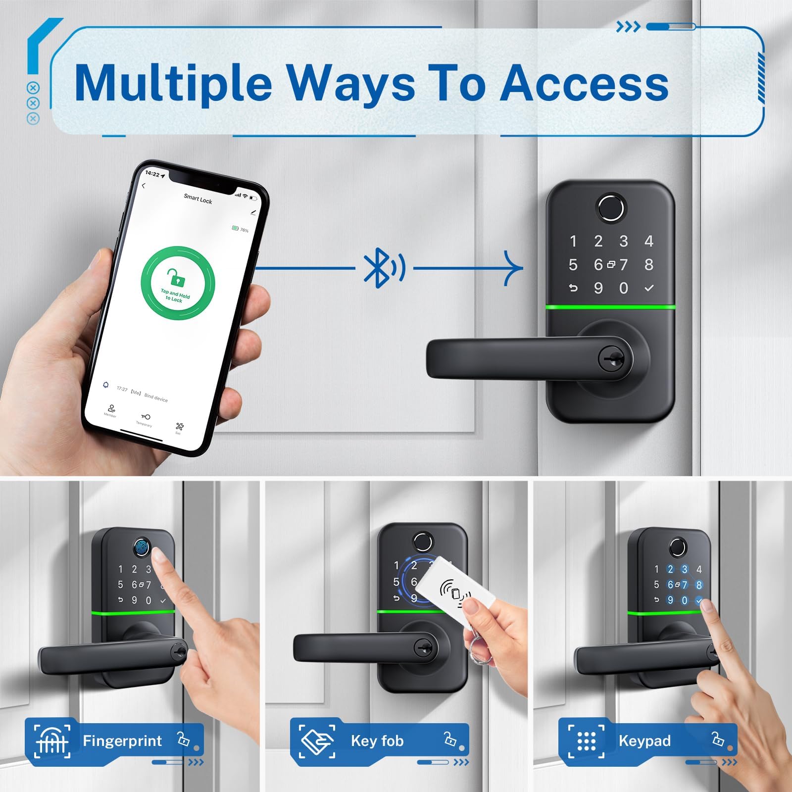 Kucacci Keypad Smart Door Lock With Handle: Keyless Entry Fingerprint Lock - Digital Code Handle With Keypad - Electronic Smart Knob For Front Door - Deadbolt Alternative With App - Easy Installation