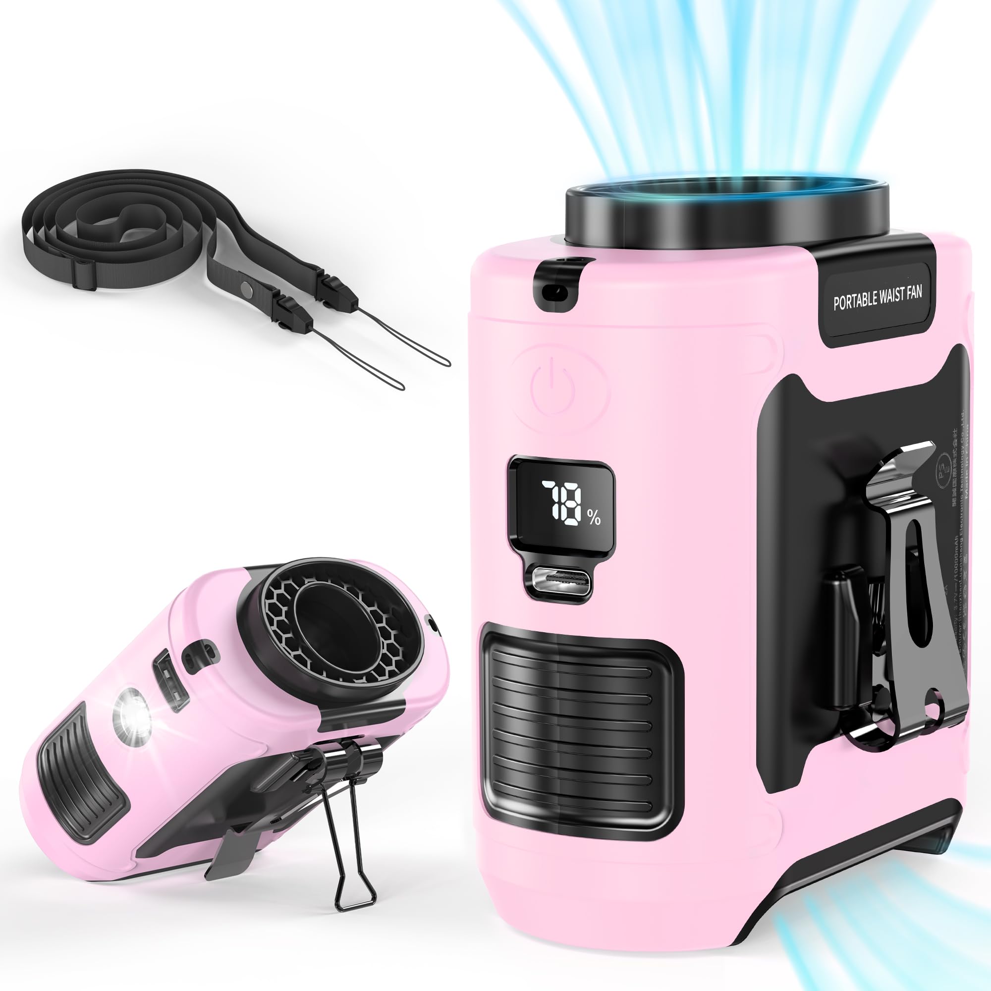 Panergy Portable Waist Fan,40H Cooling Personal Wearable Fan With Dual Clip, Flashlight, 5 Speeds - Koospark