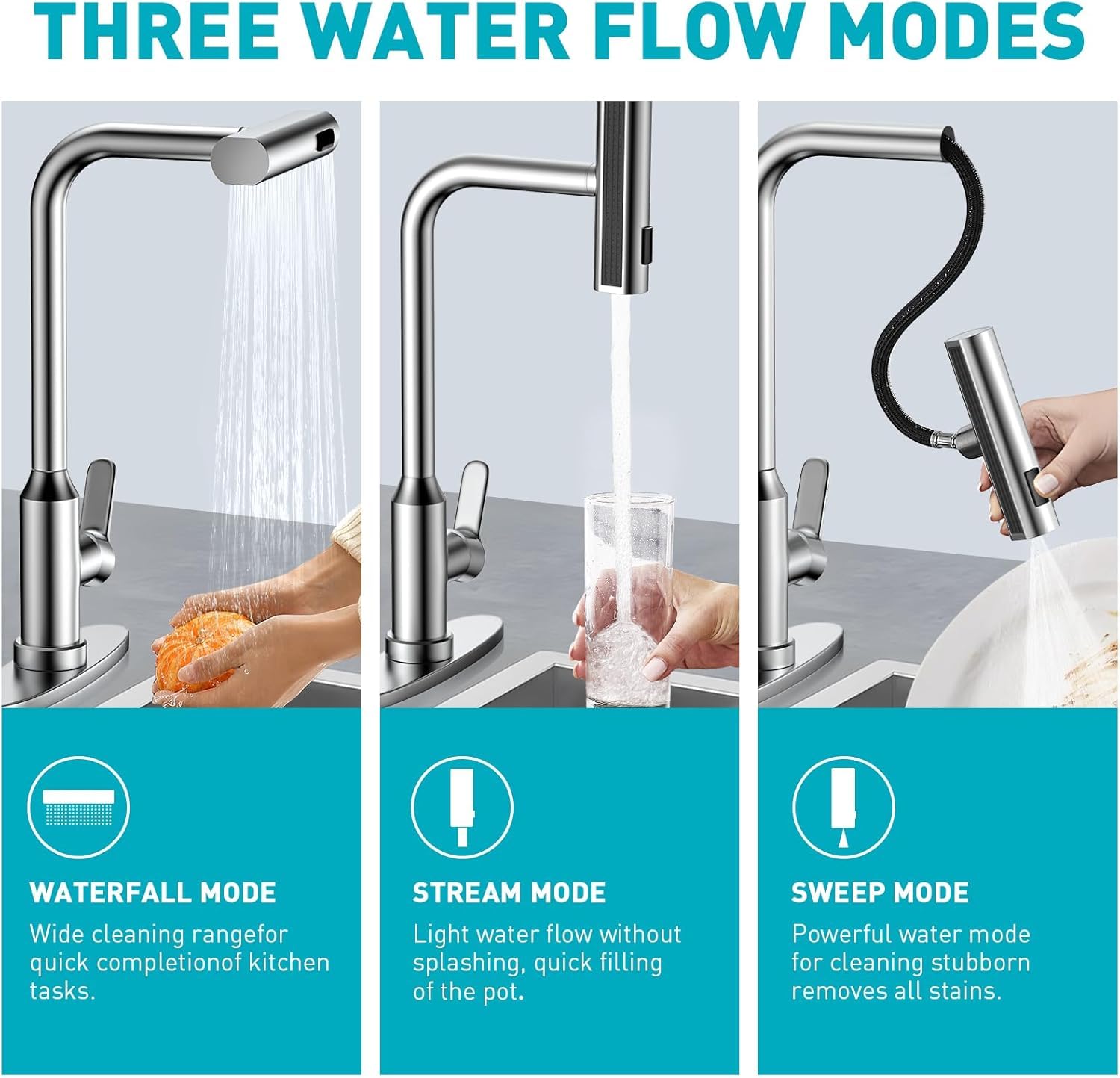 Tedflop Kitchen Faucet With Pull Down Sprayer - Stainless Steel Kitchen Sink Faucets 3 In 1 Function, Waterfall 360° Swivel Kitchen Faucet, Bar, Laundry, Rv,Farmhouse（Brushed）
