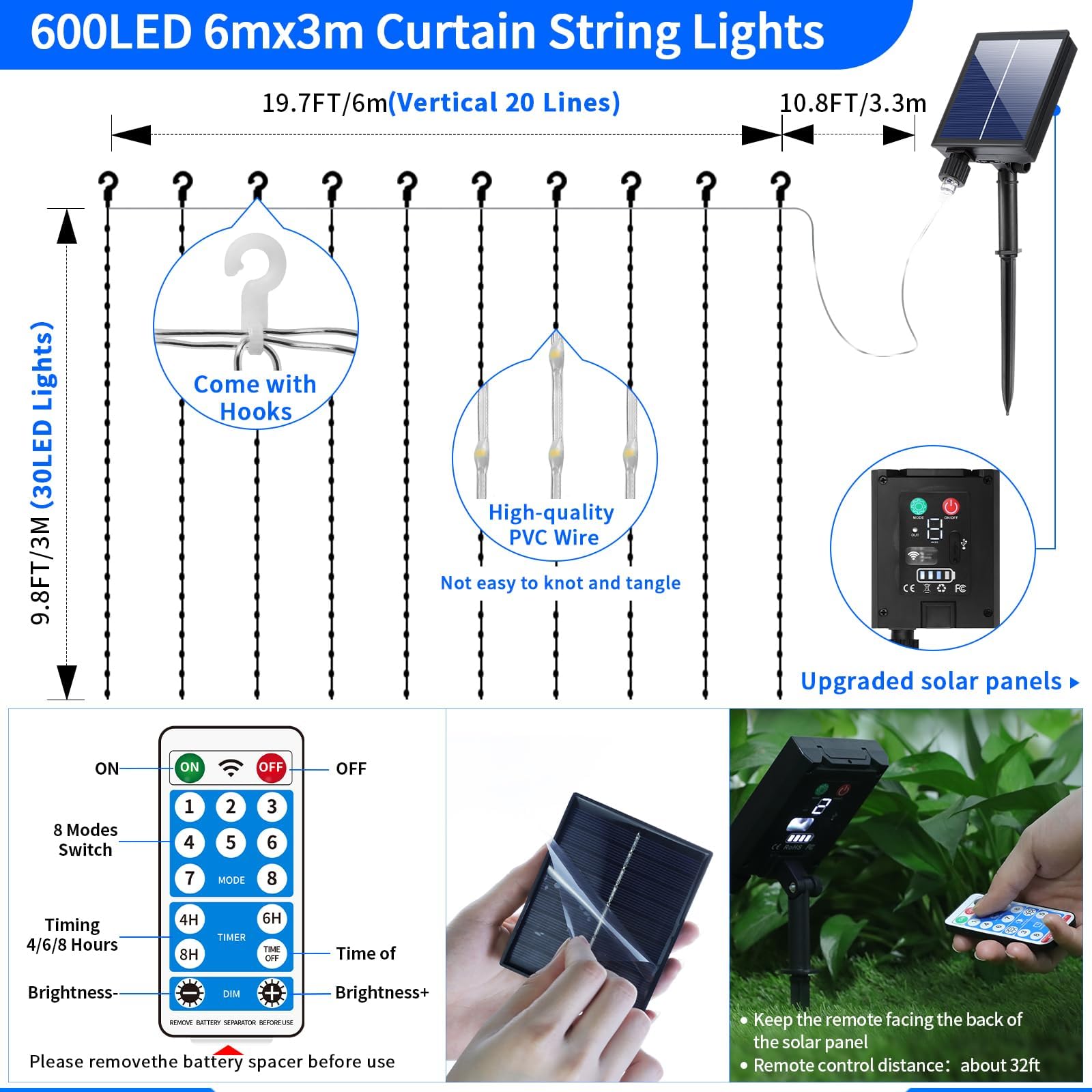 Mdedl Solar Curtain Lights 600 Led Outdoor Waterfall String Lights Waterproof 8 Modes Remote Type C Charging Hanging Twinkle Fairy Lights Dimmable For Christmas Gazebo Party Wedding Window
